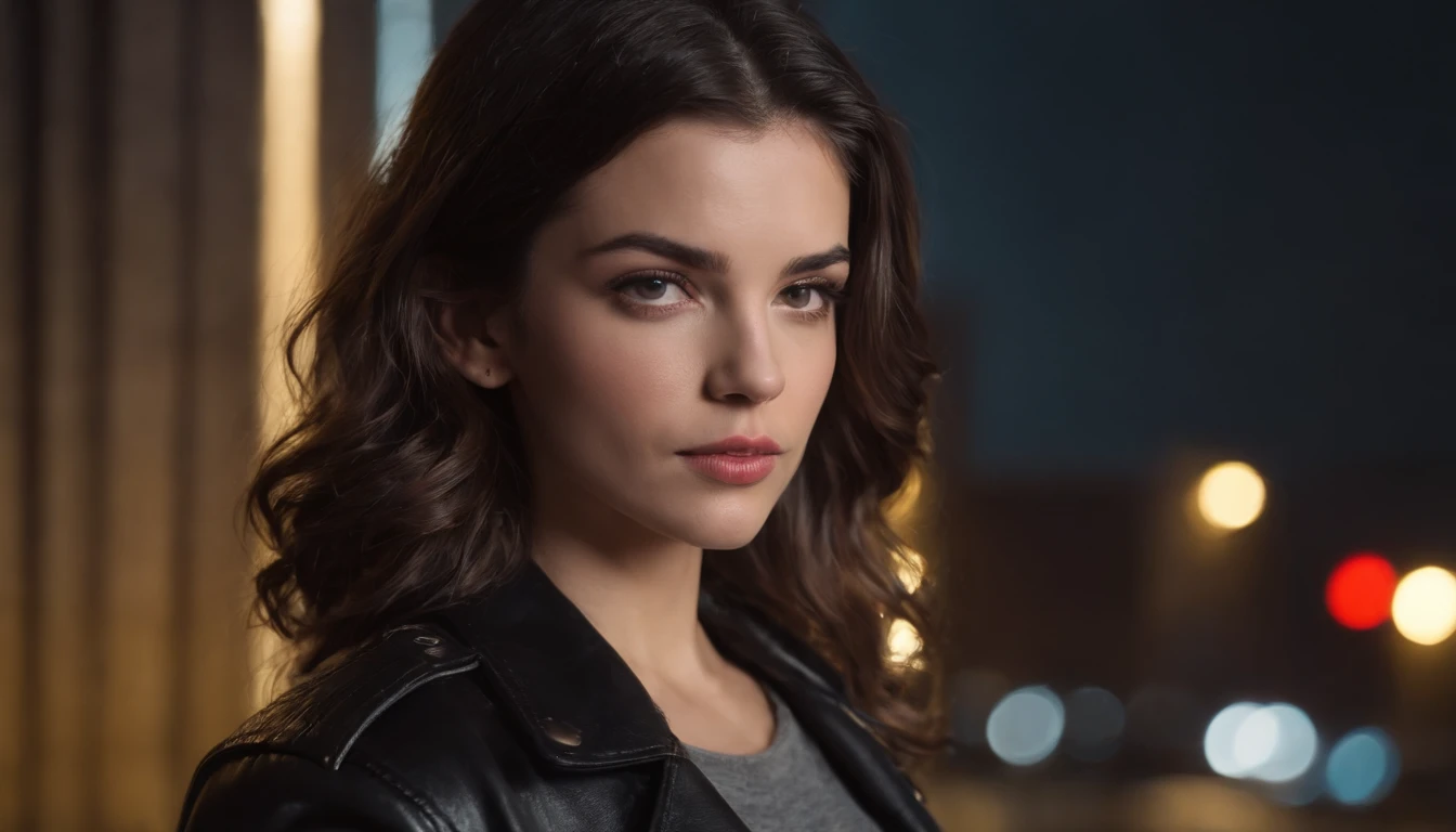 Retrato de natlp como um modelo feminino bonito, Georgia Fowler, beautiful face, com cabelos castanhos escuros curtos, in cyberpunk city at night. She is wearing a leather jacket, black jeans, dramatic lighting, (police badge:1.2)