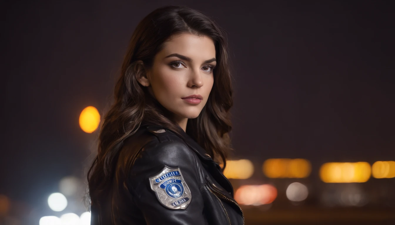 Retrato de natlp como um modelo feminino bonito, Georgia Fowler, beautiful face, com cabelos castanhos escuros curtos, in cyberpunk city at night. She is wearing a leather jacket, black jeans, dramatic lighting, (police badge:1.2)