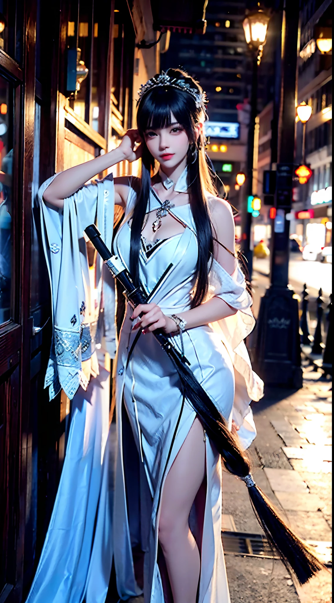 (Best quality,4K,8K,A high resolution,Masterpiece:1.2),Ultra-detailed,(Realistic,Photorealistic,photo-realistic:1.37),Long-range shooting,Blue-haired woman,Hair falls on the left shoulder,Wears a white trench coat lined in red, blackminiskirt,Patterned stockings,High heels,Walking on the street,Portrait,conceptual art,Blurred background,Soft lighting,Vivid tones