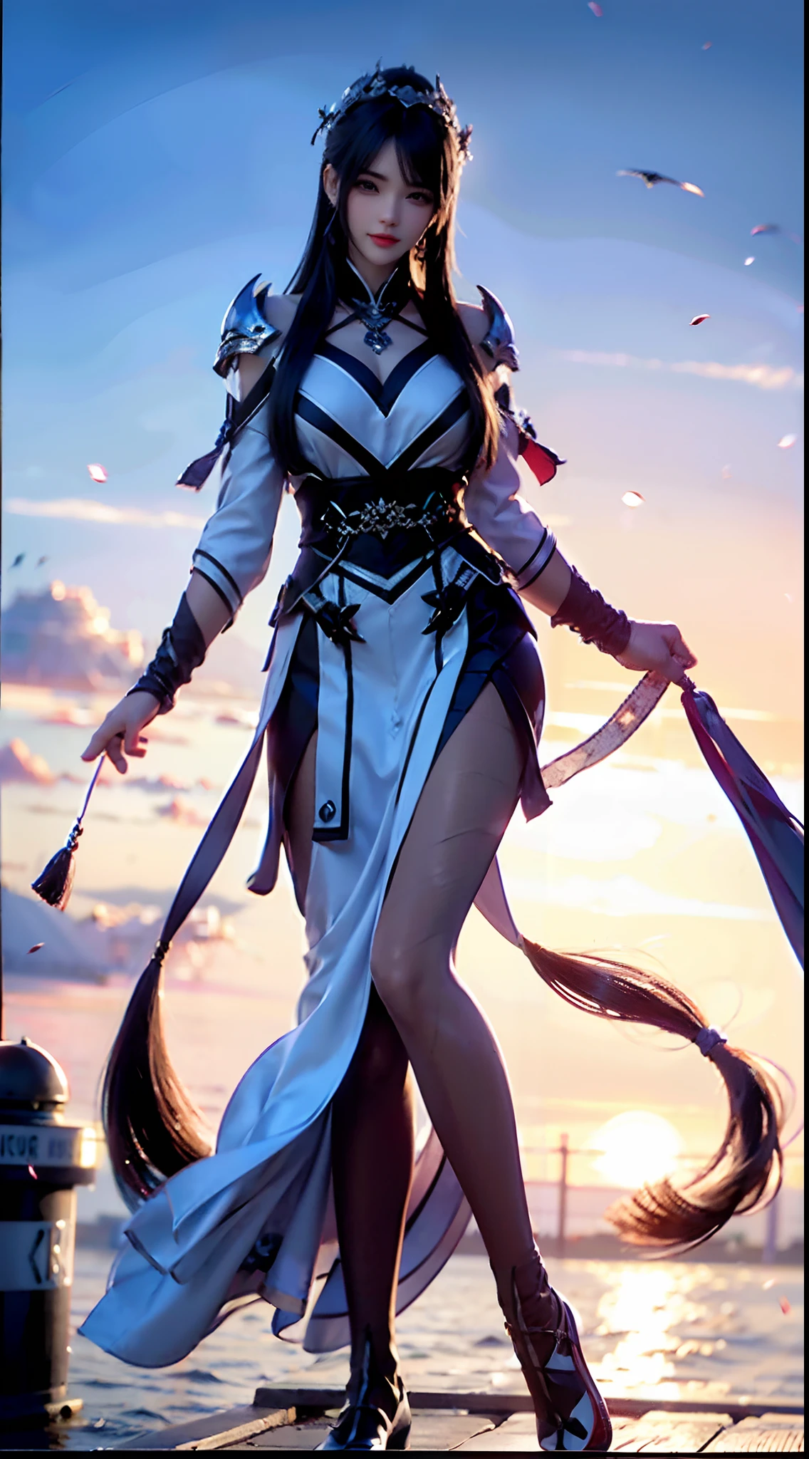 (Best quality,4K,8K,A high resolution,Masterpiece:1.2),Ultra-detailed,(Realistic,Photorealistic,photo-realistic:1.37),Long-range shooting,Blue-haired woman,Hair falls on the left shoulder,Wears a white trench coat lined in red, blackminiskirt,Patterned stockings,High heels,Walking on the street,Portrait,conceptual art,Blurred background,Soft lighting,Vivid tones