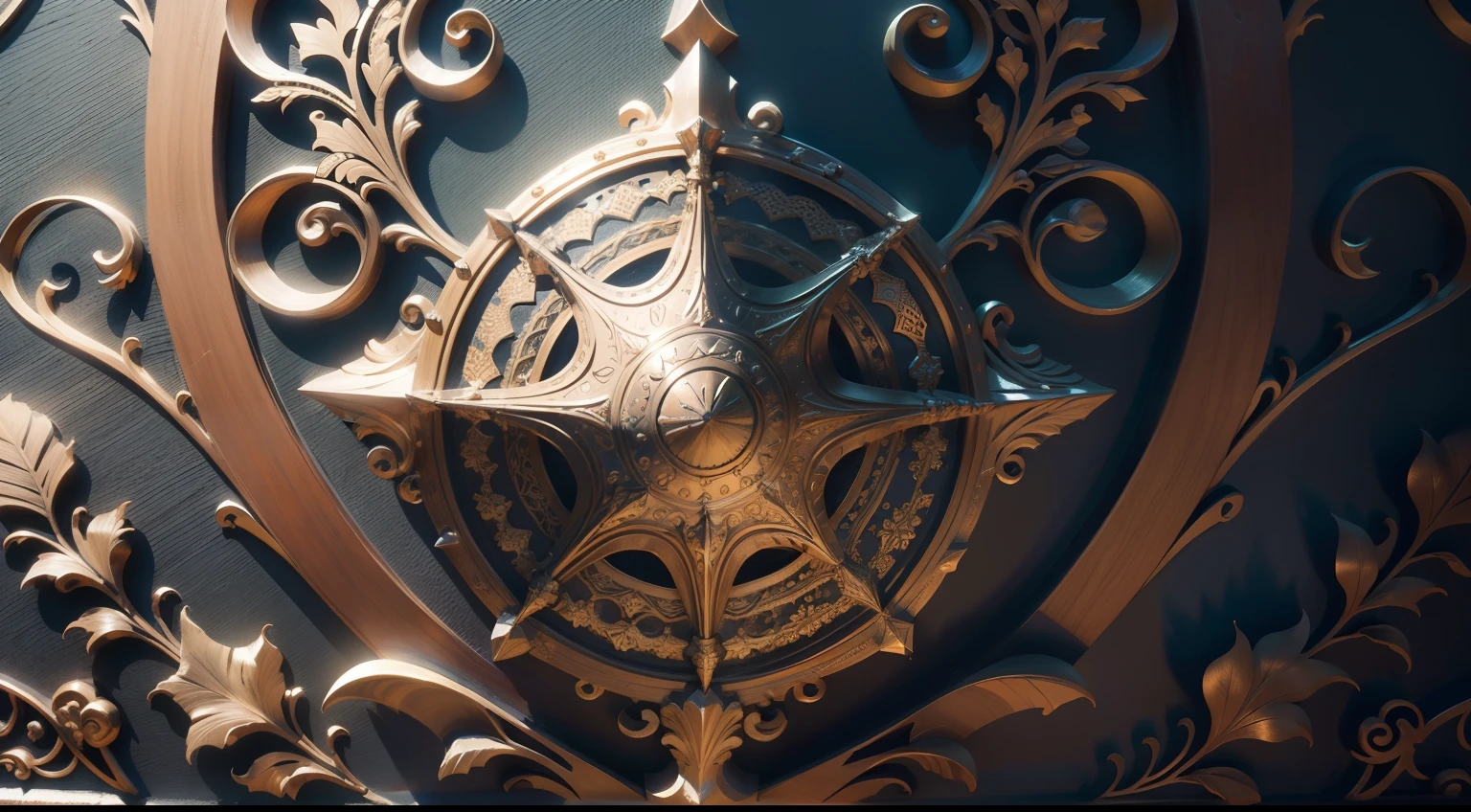 There is a closeup of a decorative design on a wall, metal intrincado, extremely intricate metallic details, escultura intrincada, metalurgia hiperdetalhada, feito de metal intrincado e madeira, escultura intrincada, incredible details;, rolagem intrincada, detalhes e texturas intrincados, madeira esculpida intrincada, intricate composition, imagem detalhada e complexa, intricate detail and composition, Resumo intrincado