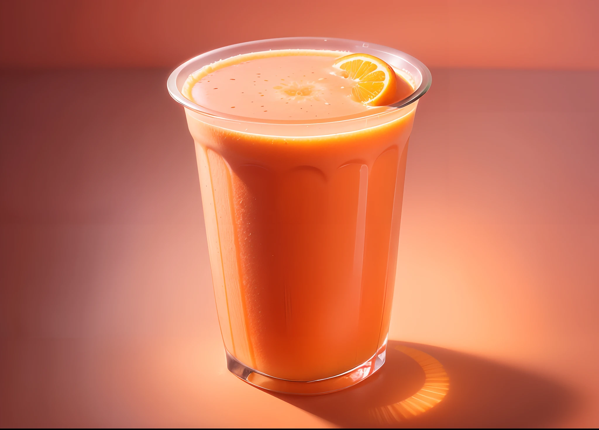 Smoothie product images，The orange，Fresh fruit，Best quality at best，4k wallpaper，rendering，Orange smoothie splashing out of bottle on pink beach background,ultra-detailliert，fotografia do produto，commerciaphotography，studio photo, Sony lens