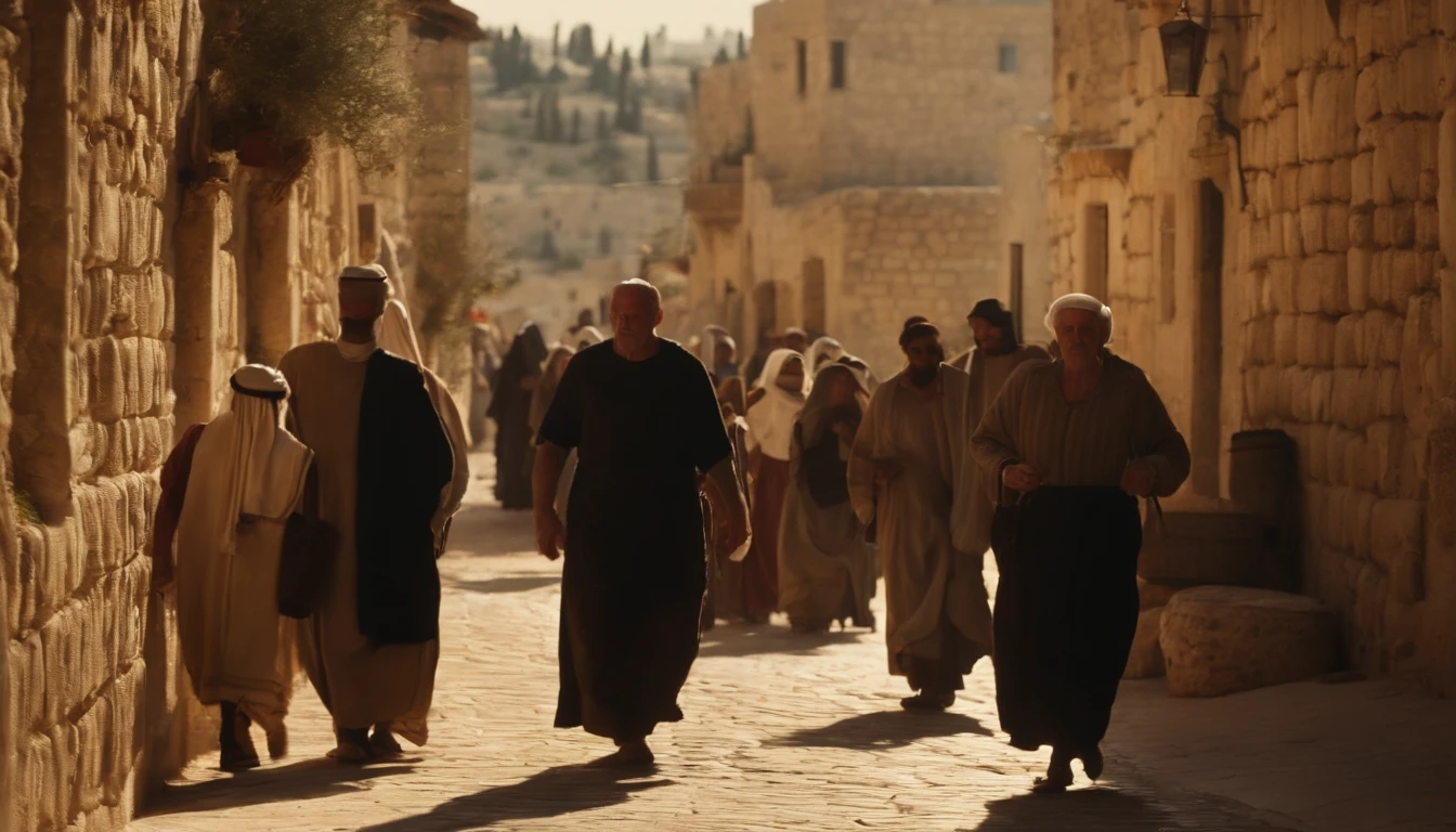 Jerusalem street in the time of Christ with the population walking through the villages during a day of scorching sun