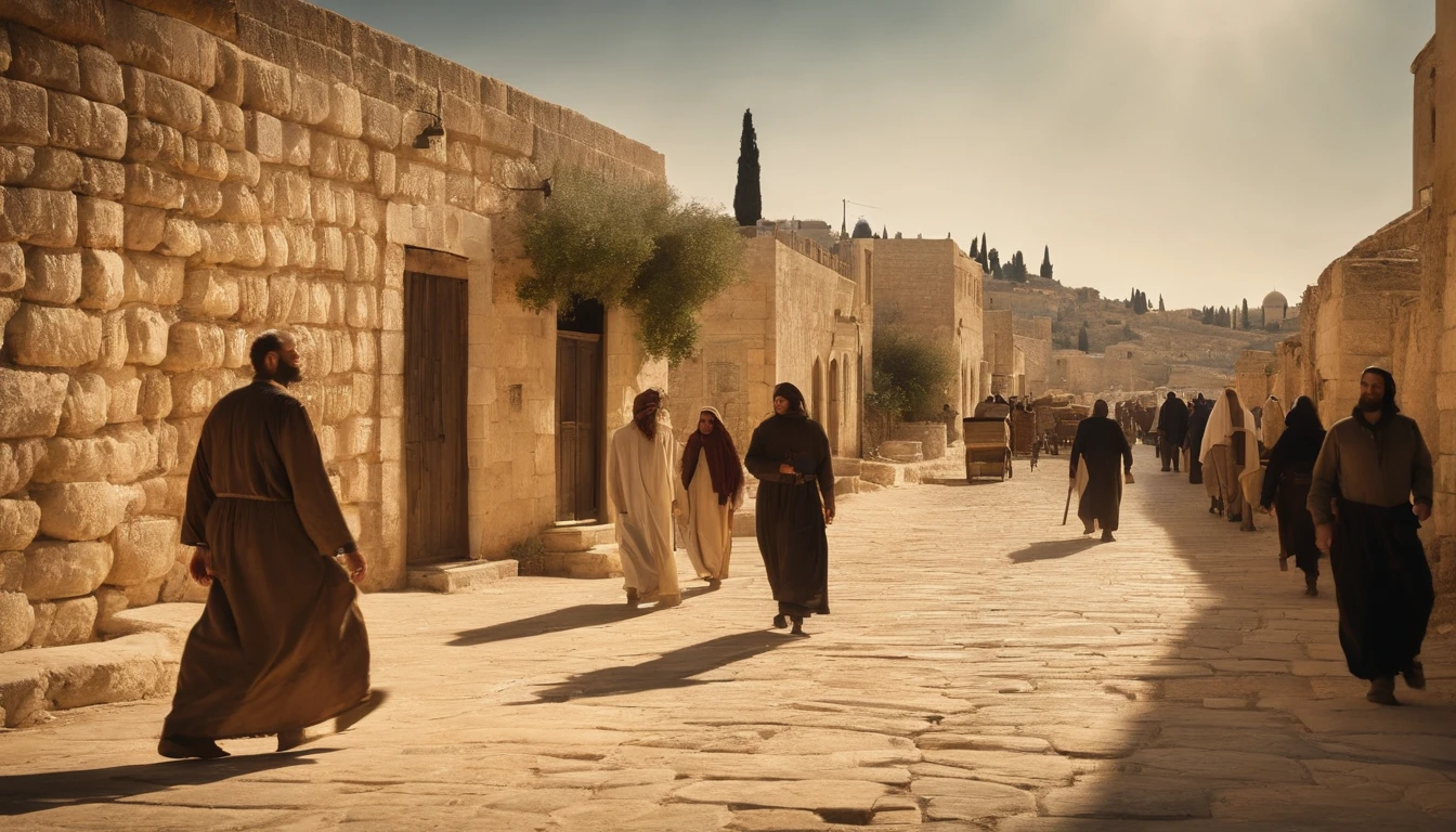 Jerusalem street in the time of Christ with the population walking through the villages during a day of scorching sun