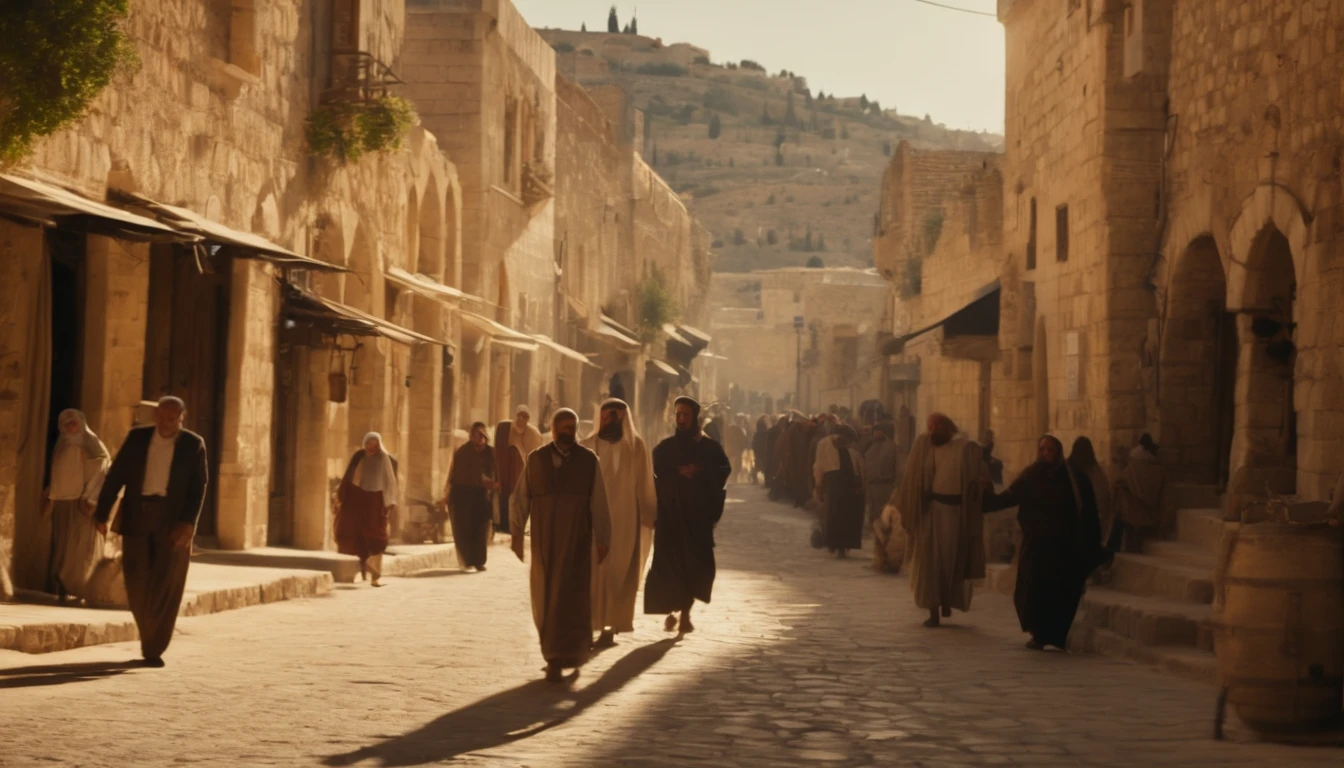 Jerusalem street in the time of Christ with the population walking through the villages during a day of scorching sun