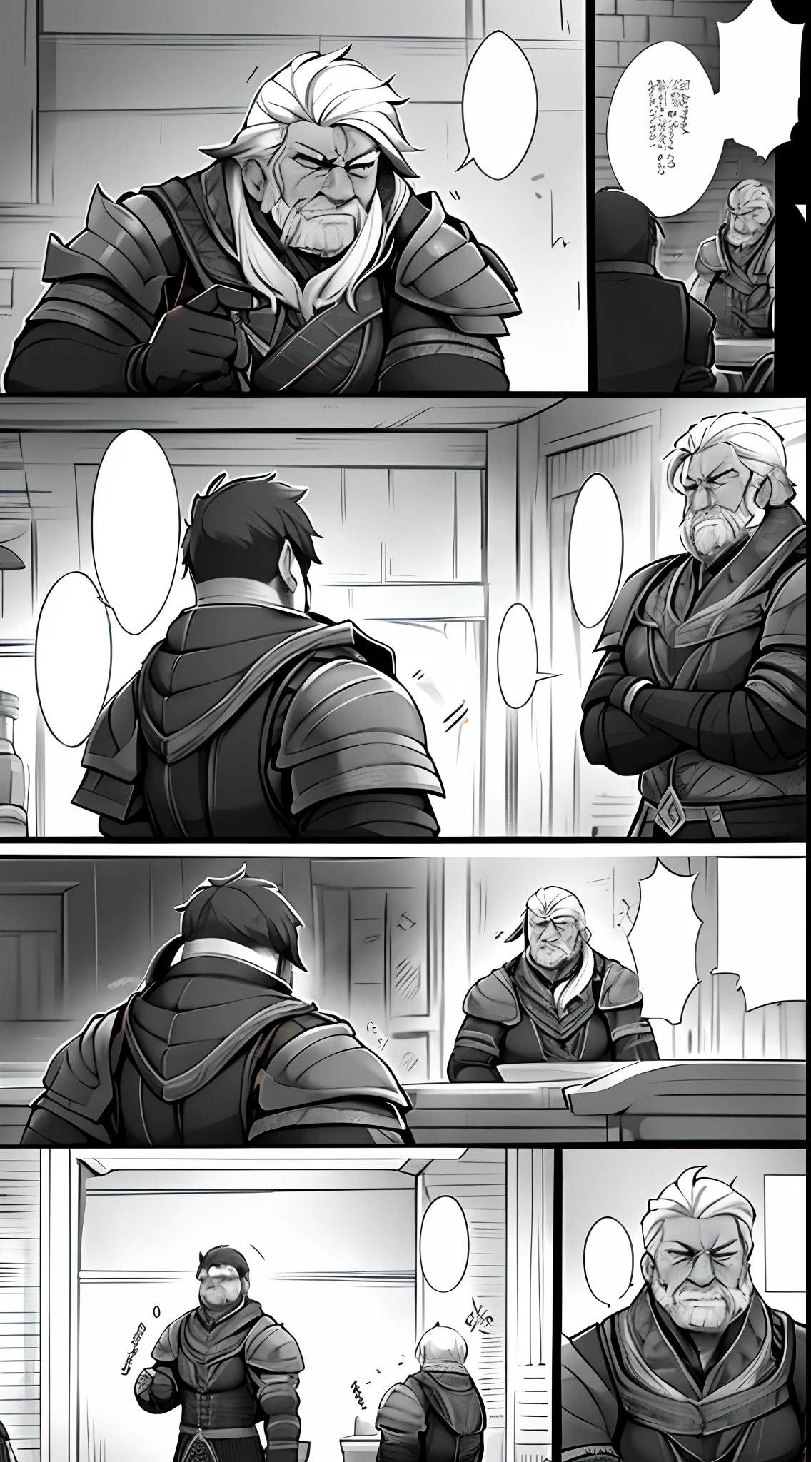 Inside the tavern，Demon Hunter - A man in leather armor，A man with a giant sword sits at a wooden table。He looked weather-beaten，But the eyes are resolute。The owner of the tavern - a stocky old man，A glass of wine is being poured for him。