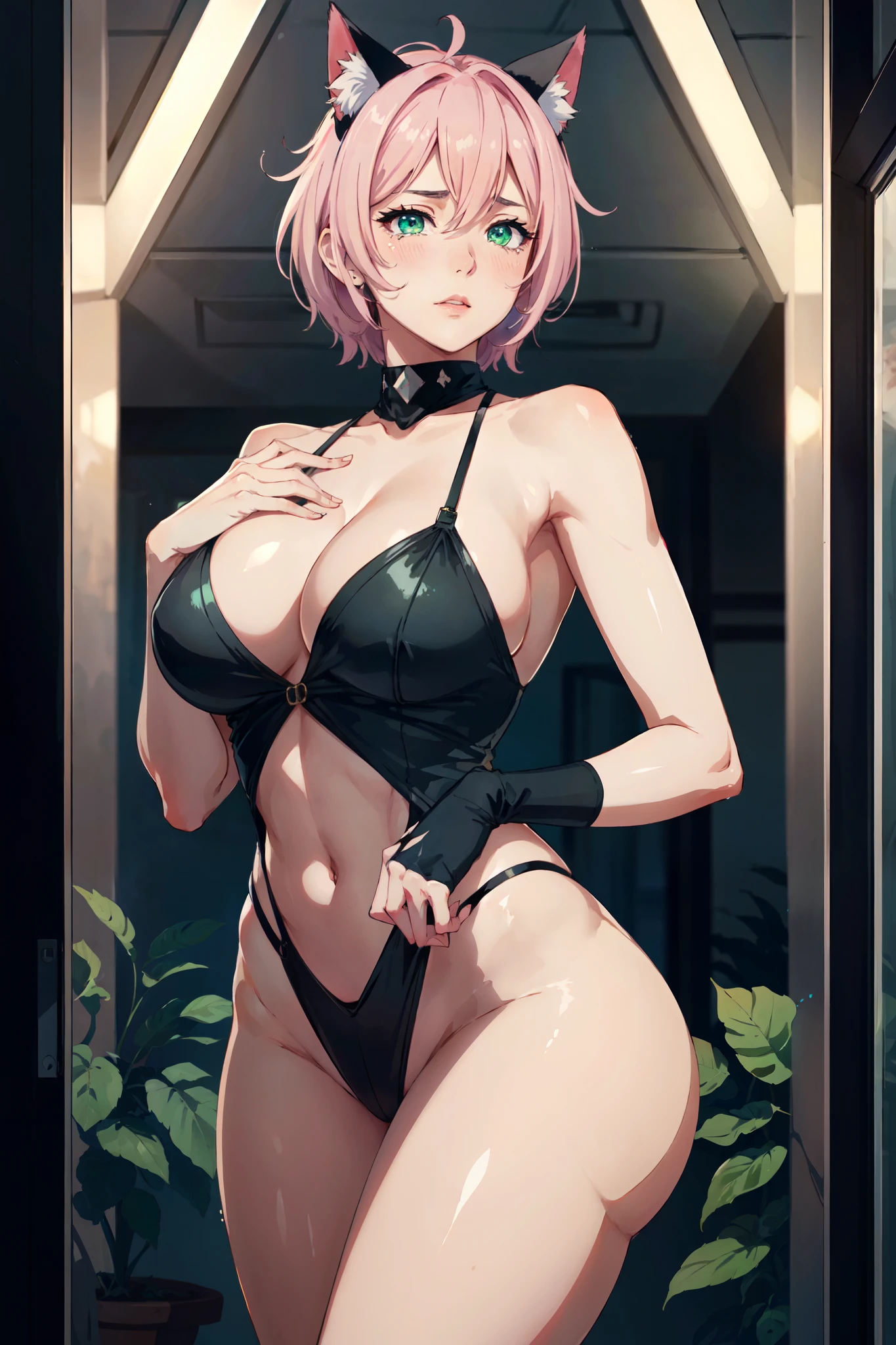 ((mature adult tall woman, mature_face)), (glowing green eyes), aqua cat ears, (super narrow waist), gradient (pink hair), large breasts, large areolae, (oily skin) , print to mix color. perfect simetria. purple rose in the middle positioned next to the face of a beautiful lady scene adult 18 with intense eyes who crying a tear and golden lips.. Blush, reflection, trod. illustration, cinematic lighting. view from the ceiling. abstract picasso. no 3d. no . no so realistic. no watercolor
