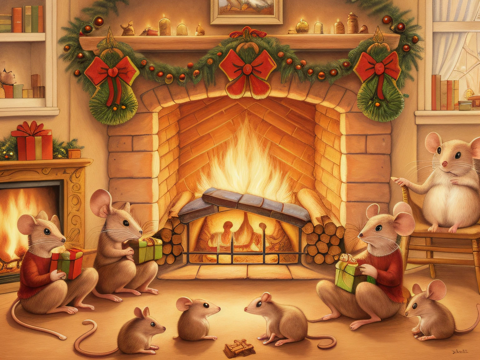 painting of a family of mice sitting around a christmas tree, mousefolk, full color illustration, by Jan Brett, inspired by Jan Brett, storybook illustration, by Jan Kip, christmas night, roaring fire, inspired by Jan Kip, published art, by Elaine Hamilton, cosy enchanted scene, story book illustration, in front of a fireplace, by senior artist