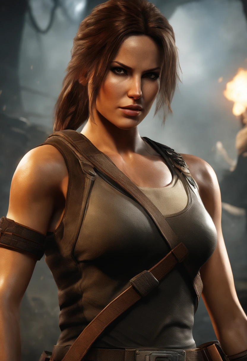 a detailed illustration of Lara Croft, in a 3D rendered style, in a Tekken fighter outfit, Tekken outfit, thong, in a fighter arena, dynamic and confident pose, fierce determination, extraordinary acrobatics, with realistic lighting and shadows, high contrast colors and dramatic lighting, sharp focus, physically-based rendering, ultra-detailed, professional, hdr color grading, evocative atmosphere, action-packed, realistic, tomb raider, dynamic camera angles, immerse, cinematic, exciting moments, gritty and realistic textures, Raw 16k ultra HD