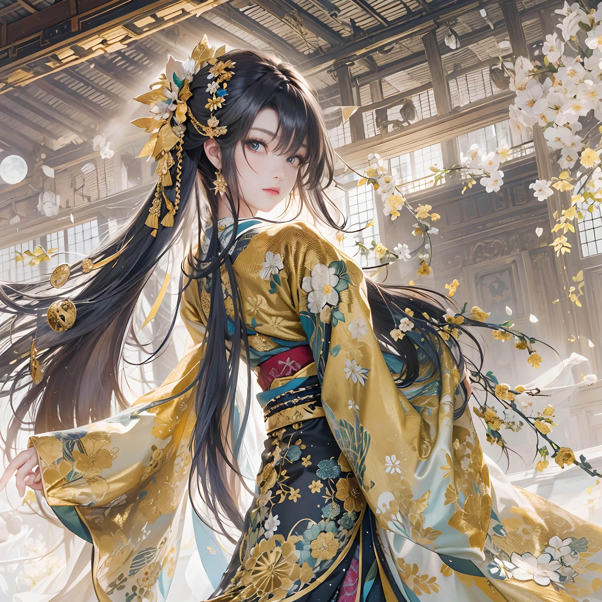 Try to give your audience a bouquet、
watching at viewers、for the background(ancient city:1.2)And the moon、((dense background))、poneyTail、Woman with shiny black hair、perfect hand、BREAK {{{Luxury kimono(Colorful kimono(Detailed golden embroidery,))}}}、face perfect,Depict a beautiful and graceful woman of Japan。poneyTail、Heart in the eye。full body Esbian。 Wallpaper 8K, .Blur the background with a sickle,((masutepiece)), ((Best Quality))
