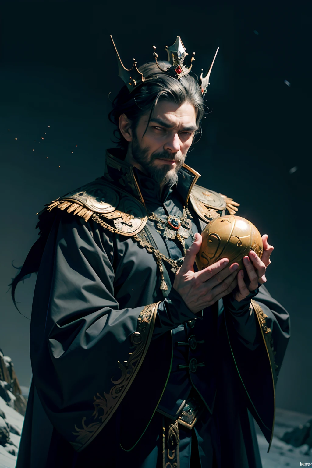 A man who is an evil emperor with a sinister grin, wearing a broken crown, holding a ball of worms in his hand, background is black night sky, eerie lighting, snow falling, mood is futile, nugatory, abysmal, desolate, character design.