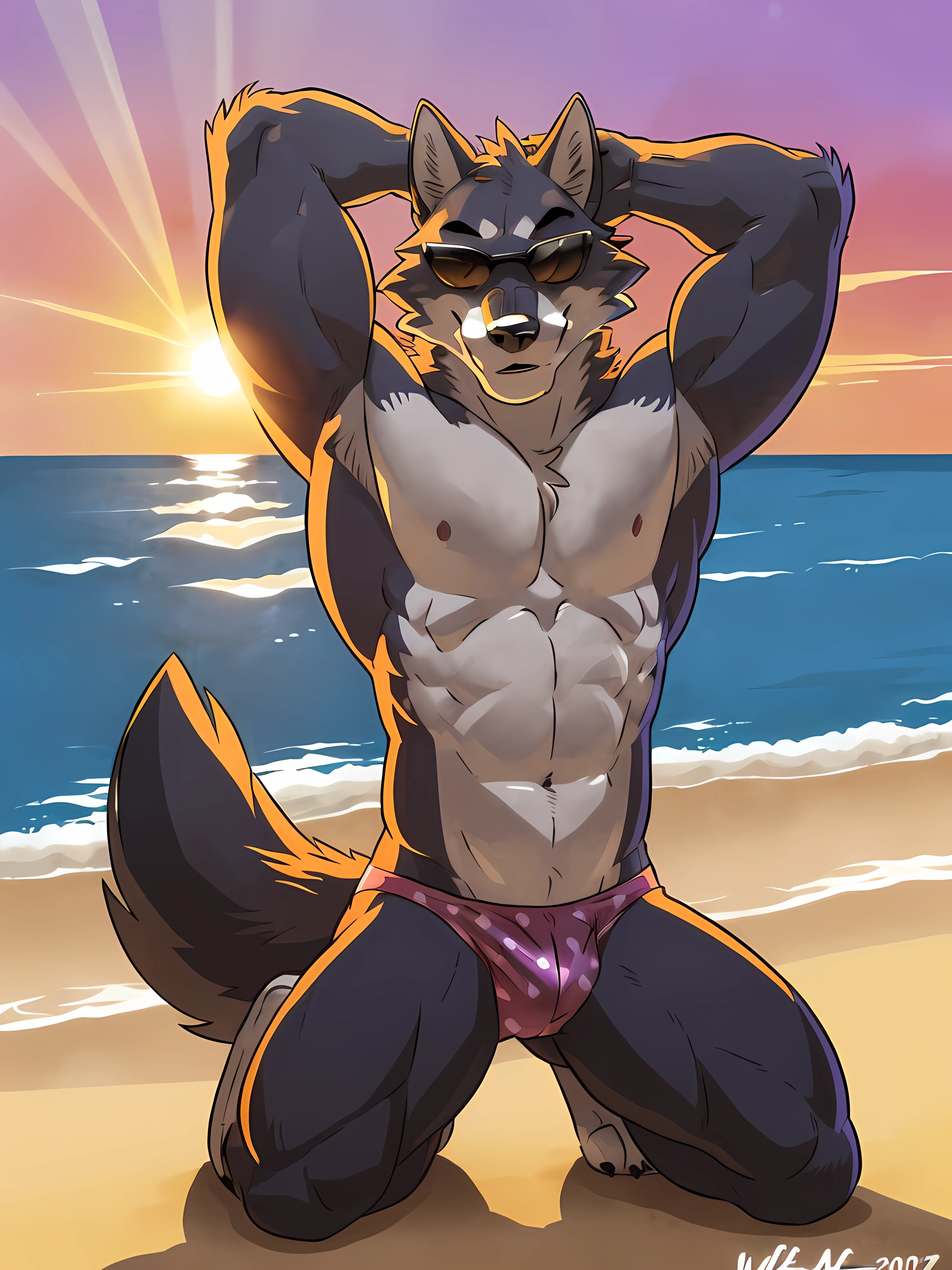 mr wolf. 4k, high resolution, best quality, posted on e621, solo, anthro body, male, adult, masculine, (muscular, athletic:1.2), correct anatomy, (beach background, beautiful sea background, beautiful sky background, sunset:1.0), (by wfa:1.2), (by negger:1.0), sexy, (cel shaded:1.2), cartoony shading, flat coloring, (strong shadows, dark shadows, backlight:1.2), (pink speedos, wearing sunglasses:1.2), (kneeling, arms behind head:1.2), armpits, (wolf tail:1.4), sexy, (strong shadows, backlight:1.2)