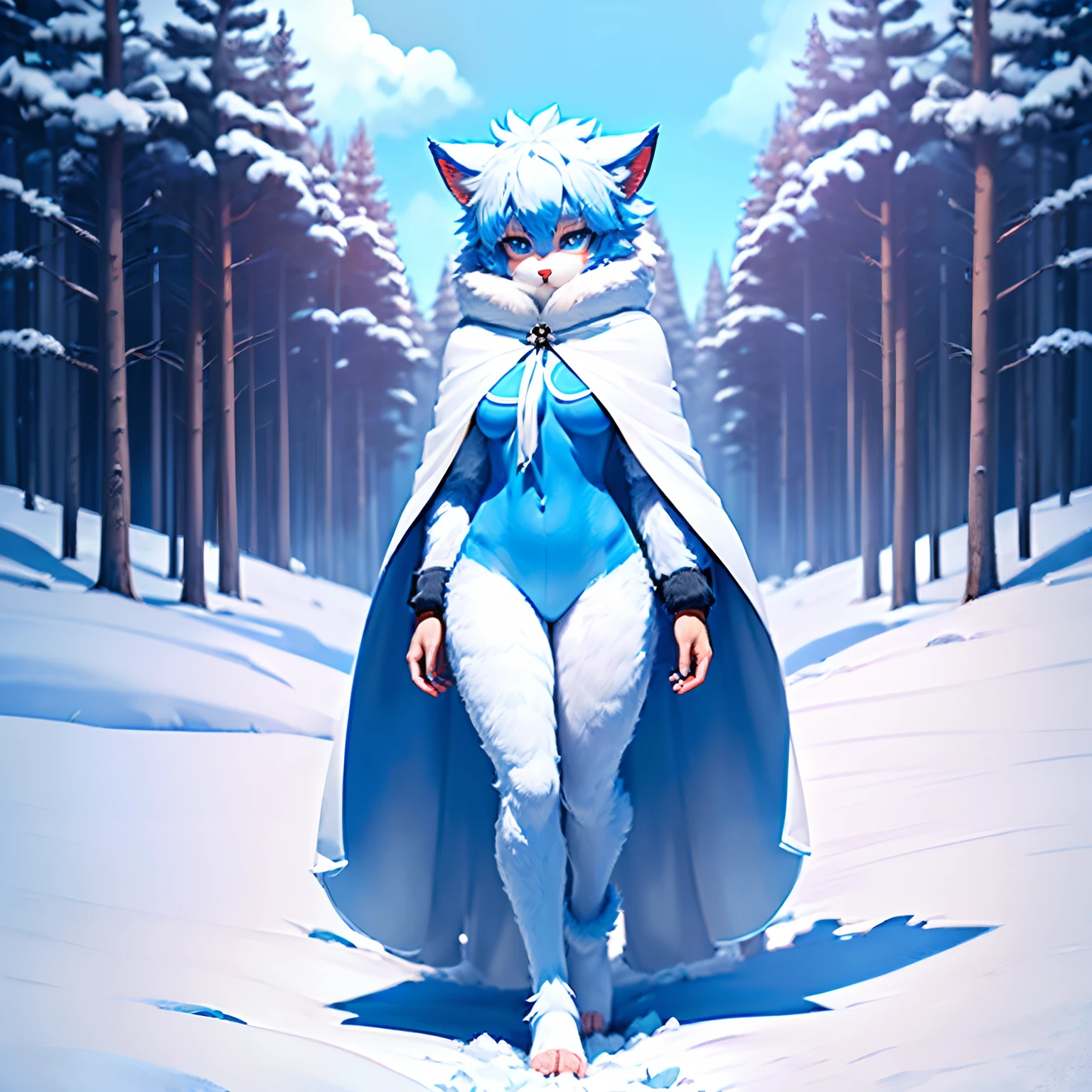Anthropomorphic furry little wolf, Pale blue hair,Large pale blue ears,Big blue eyes,Fluffy tail,adolable, Light:Extreme light and shadow,(anthr(A half body,Full Body Furry, Fluffy tail, White fur,Reddish skin ,Sky blue eyes, Pale blue hair:1.2), (long canines、Thick cloak:1.0),(In the daytime、lawns)) ,((Deep in the winter forest,Stone path,独奏,solo person)),Outdoor sunset,((the detail)),(depth of fields),standing on your feet