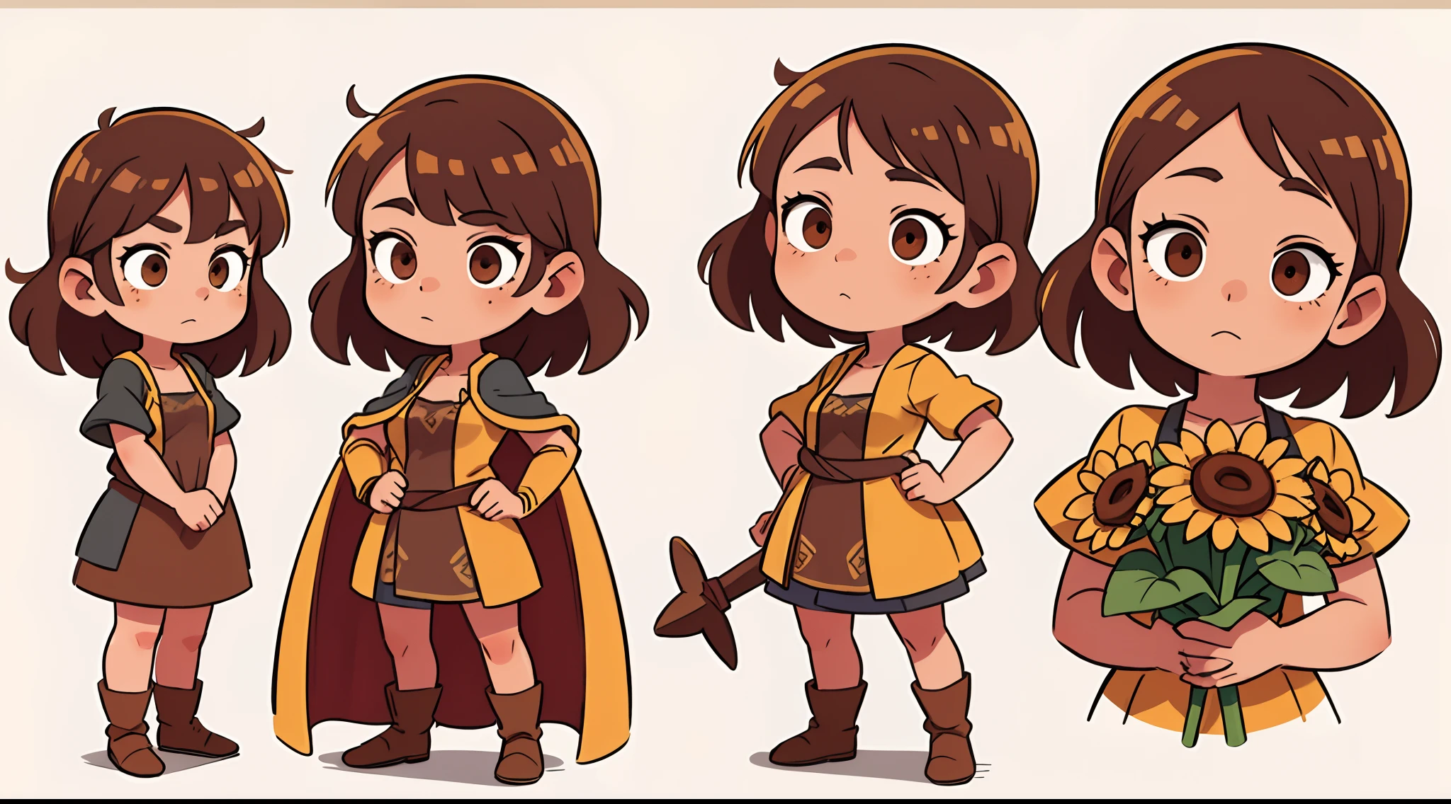 A girl, with brown hair, Brown eyes, Medieval dress, freckles on her face, Draws, loves sunflowers, standing pose, character sheet, different angles