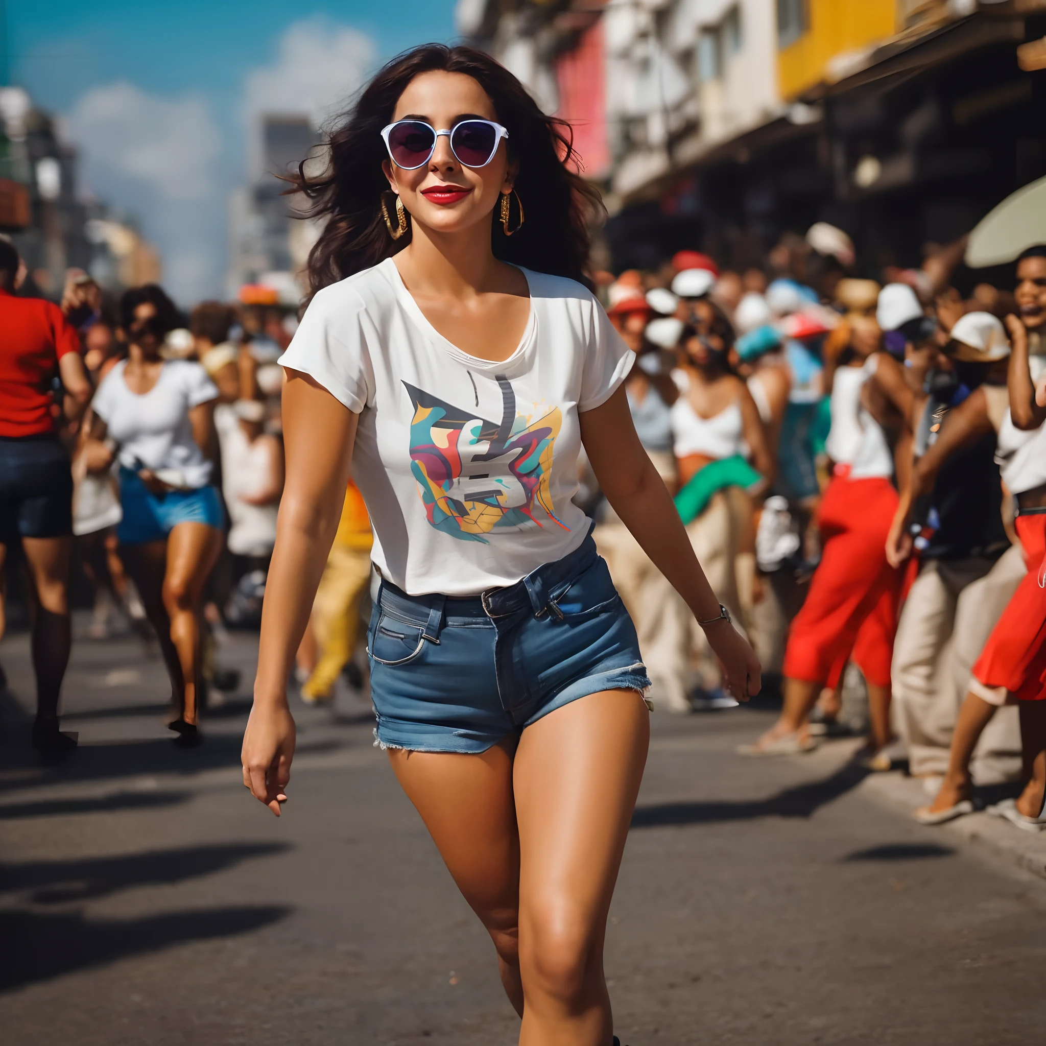 Woman in white shirt and blue shorts walking down the street with crowd, mulher deslumbrante, pele bronzeada uma camiseta e shorts, mulher linda, mulher bonito, Menina sexy usando shorts, vestindo bermuda e camiseta, vestindo camisola e shorts, bra and shorts streetwear, vestido com um top e shorts, linda senhora, Ruas de Salvador, usando roupas simples e apertadas