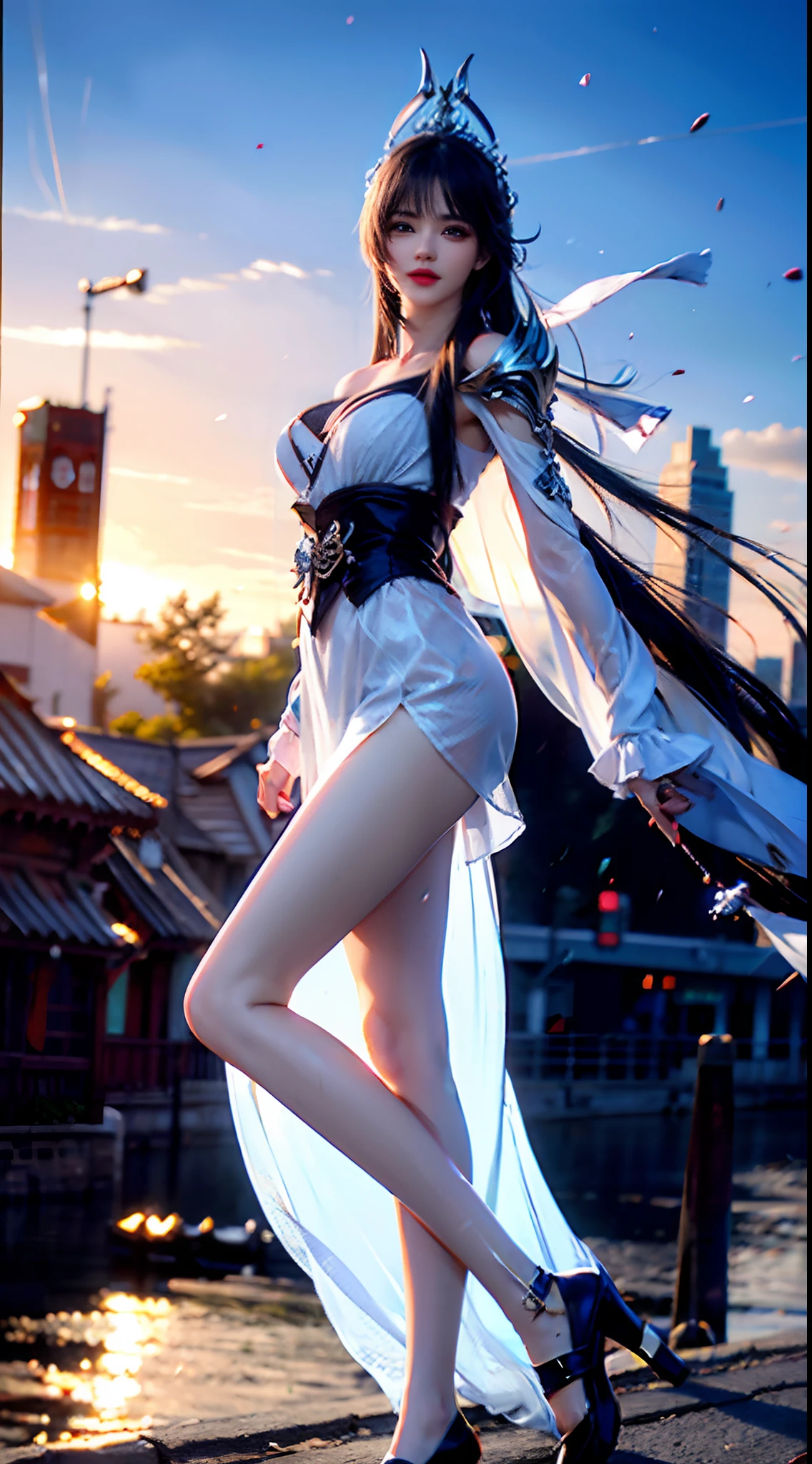 (Best quality,4K,8K,A high resolution,Masterpiece:1.2),Ultra-detailed,(Realistic,Photorealistic,photo-realistic:1.37),Long-range shooting,Blue-haired woman,Hair falls on the left shoulder,Wears a white trench coat lined in red, blackminiskirt,Patterned stockings,High heels,Walking on the street,Portrait,conceptual art,Blurred background,Soft lighting,Vivid tones
