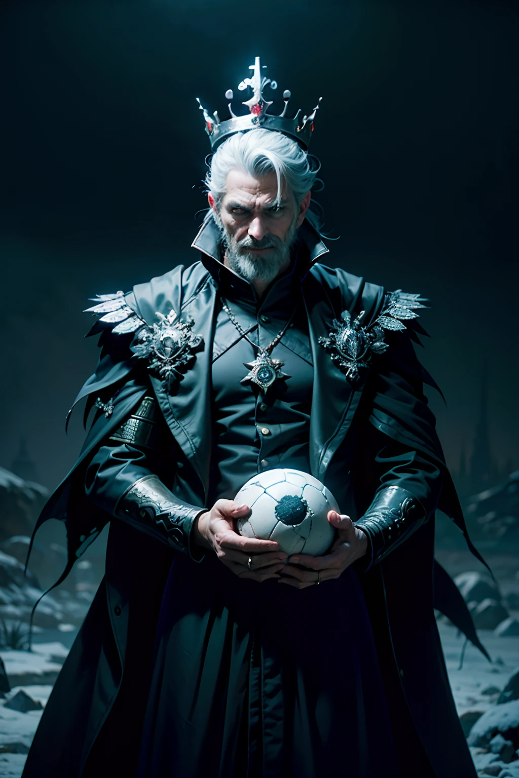 A man who is an evil emperor with a sinister grin, wearing a broken crown, holding a ball of worms in his hand, background is black night sky, eerie lighting, snow falling, mood is futile, nugatory, abysmal, desolate, character design.