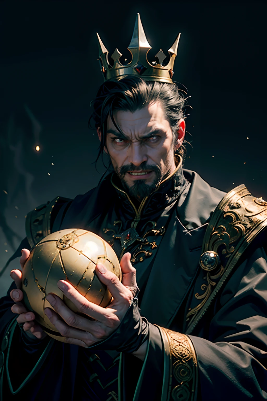A man who is an evil emperor with a sinister grin, wearing a broken crown, holding a ball of worms in his hand, background is black night sky, eerie lighting, snow falling, mood is futile, nugatory, abysmal, desolate, character design.