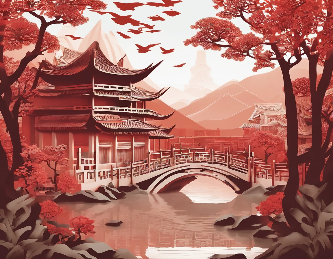 Chinese style landscape pastoral painting, ancient Chinese villages, old-fashioned architecture, landscape, pastoral, exquisite details, art, fractal art, gorgeous, (beautiful and exquisite: 1.2),