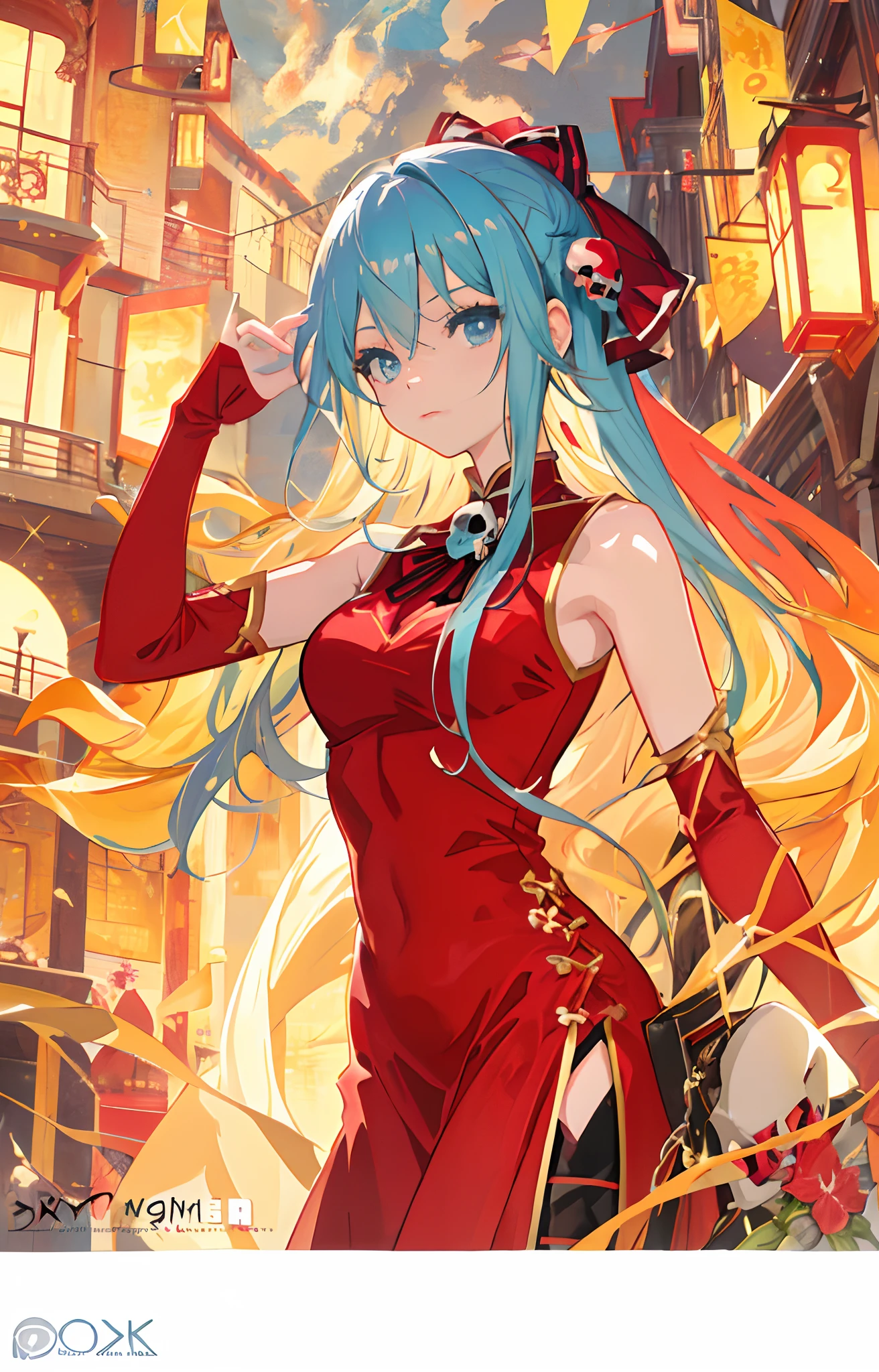 Anime girl wearing red dress，Skull in hand, style of anime4 K, author：Shitao, cute anime waifu in a nice dress, nightcore, Anime style. 8K, Anime goddess, Beautiful anime artwork, Anime moe art style, Anime art wallpaper 8 K, vermillion and cyan, pixiv contest winner, Anime art wallpaper 4k