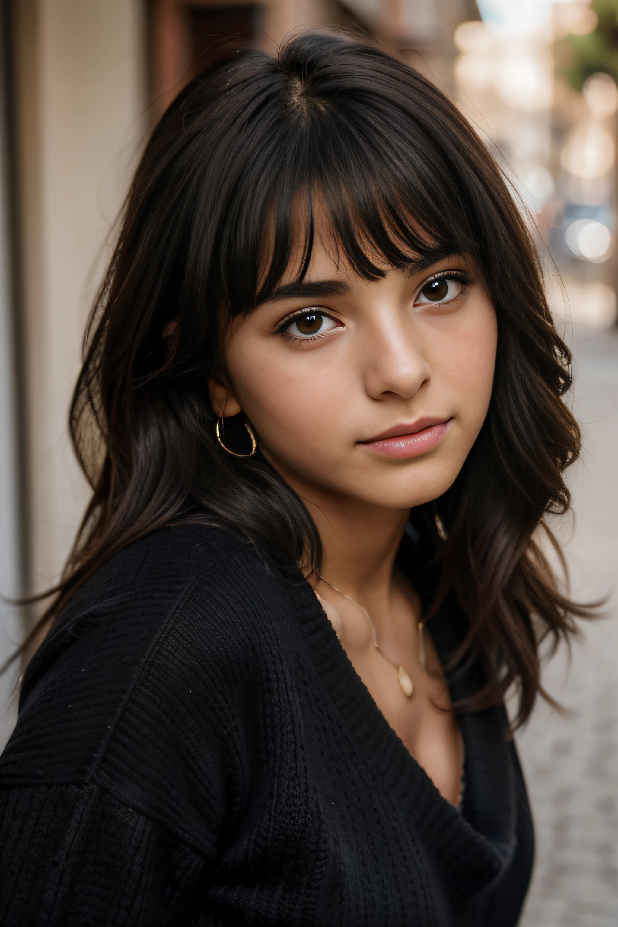Female 18 years old, solamente, por el ancho, mirando al espectador, cabello rubio, ojos marrones, jewely, cuerpo entero, cuello, Black sweater, labios, realista, nariz, Flirting with the camera, escote