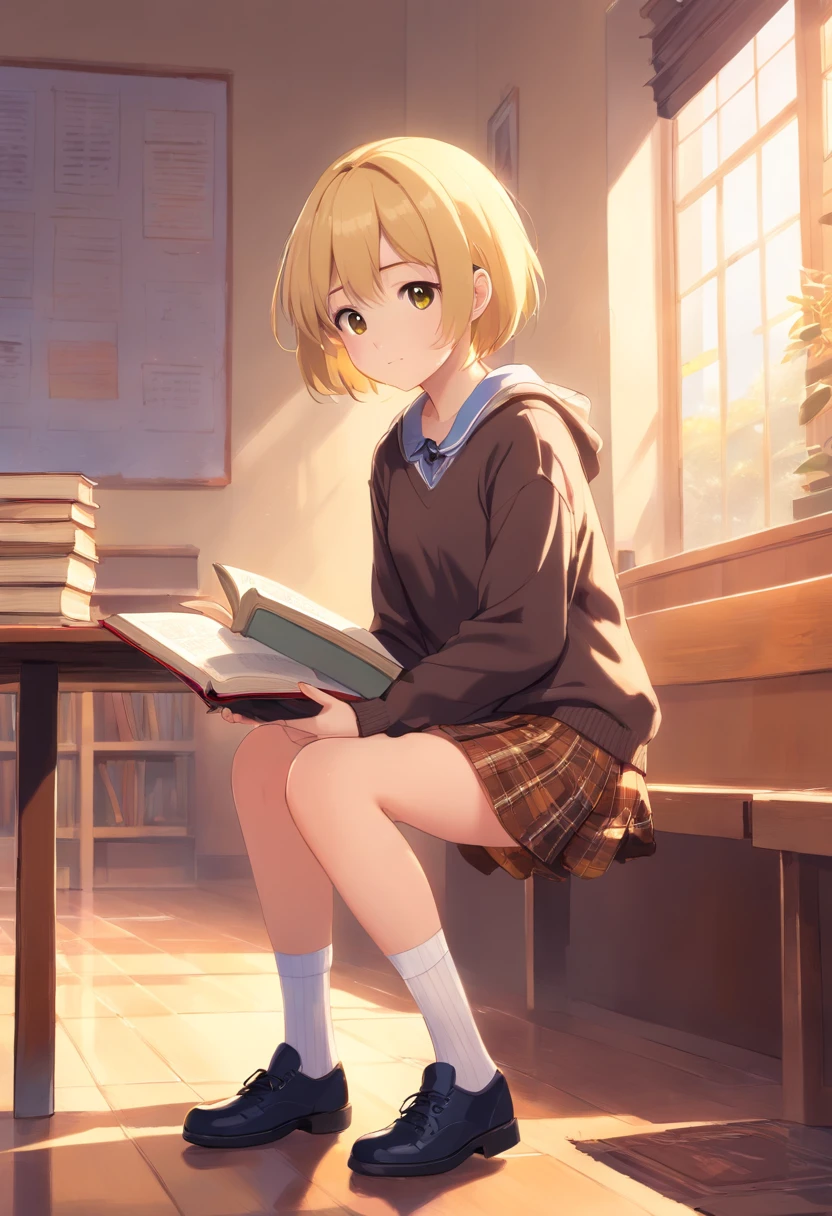 A -yeld gi blonde yellow short hair, gray eyes,, dark brown sweater over shirt, plaid skirt, white stockings, black shoes, A book in your hands, cuteface, embarrassment on the cheeks, Opposite the primary school