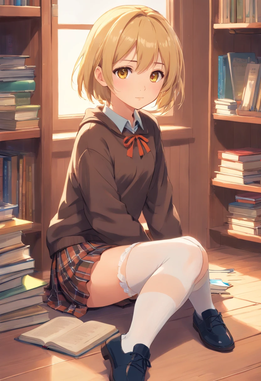 A 10-year-old girl, blonde yellow short hair, gray eyes,, dark brown sweater over shirt, plaid skirt, white stockings, black shoes, A book in your hands, cuteface, embarrassment on the cheeks, Opposite the primary school