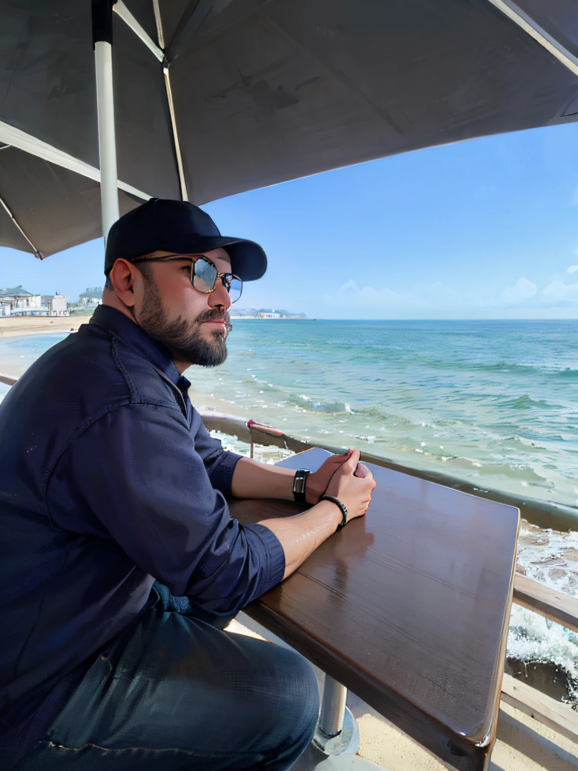 there is a man sitting at a table with a view of the ocean, the ocean in the background, ocean in the background, the sea in the background, at the sea, looking out over the sea, sitting at the beach, taken on iphone 1 3 pro, shot on iphone 1 3 pro max, sea in the background, taken on iphone 14 pro