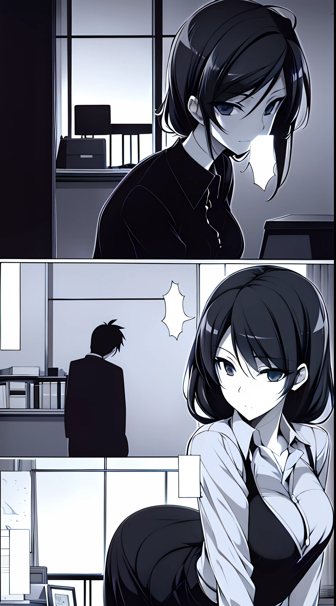 office room,the night,The beautiful female secretary poured a cup of coffee for the overbearing president,lamplight,