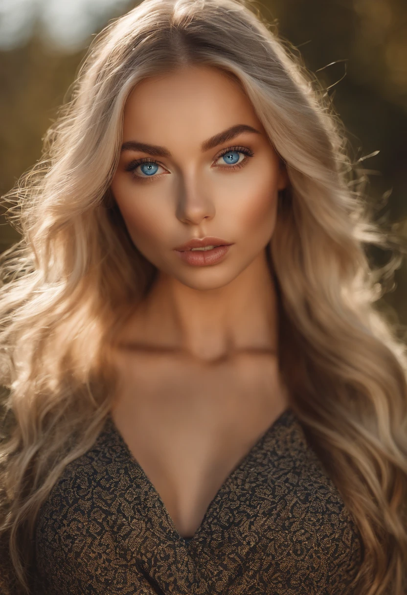 Sexy girl with blue eyes, ultra realistisch, Akribisch detailliert, portrait sophie mudd, blonde hair and large eyes, Selfie einer jungen Frau, Im Wald, ohne Make-up, Natural makeup, Blick direkt in die Kamera, Gesicht mit Artgram, dezentes Make-up, Stunning full body shot, medium to large bust size