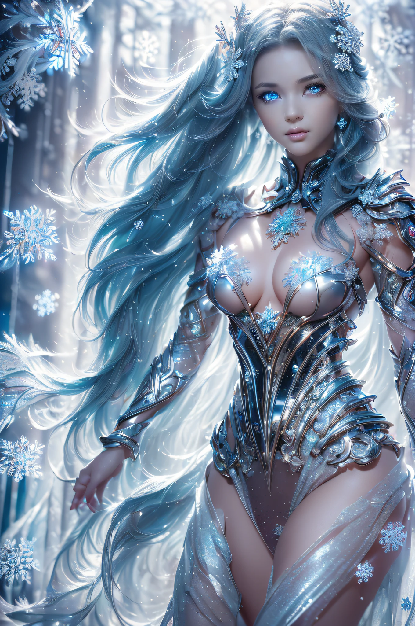 (grayscale((Top Quality, 16k, Masterpiece: 1.3)), photorealistic, extremely detailed CG unity 8k wallpaper, Depth of field, Cinematic Light, Lens Flare, fashion model 28 years old, (extremely beautiful face, beautiful lips, beautiful eyes), (intricate detail face), ((ultra detailed skin)), I see Ultra Instinct surrounded by a purple aura and lightning (((full body shot))), 4k, 3D, Draw moving ice flames, [[chest]], neck, [[bodysuit lacy lace-upp]], (Intricate detailed multi-layer bodysuit lacy lace-upp), [shoulders], ((looking at viewer:1.6)), all feet and breasts shod in armor of silver glass, and cristals (corset), hair slicked back ((red hair)), 1Girl (medium bust:1.8), ((narrow waist, slanderous legs)), perfect proportions, perky , (glaring ice eyes:1.3), The drawn enchanted fantasy land is frosty, with flying pieces of ice floating in the air and glowing energy crystals. this environment in the mist and magical vortex of thousands of ambient light elements, light reflections, including the environment (ice and crystals) glowing in the air. The girl's armor is made of silver glass, (oli face: 1.3), (snowflakes:1.5), ray tracing, (sparkle:1.5), UHD, (shiny:1.5), (light reflections:1.6), (crisp:1.7), Fujicolor, cinematic lighting, ((grayscale))