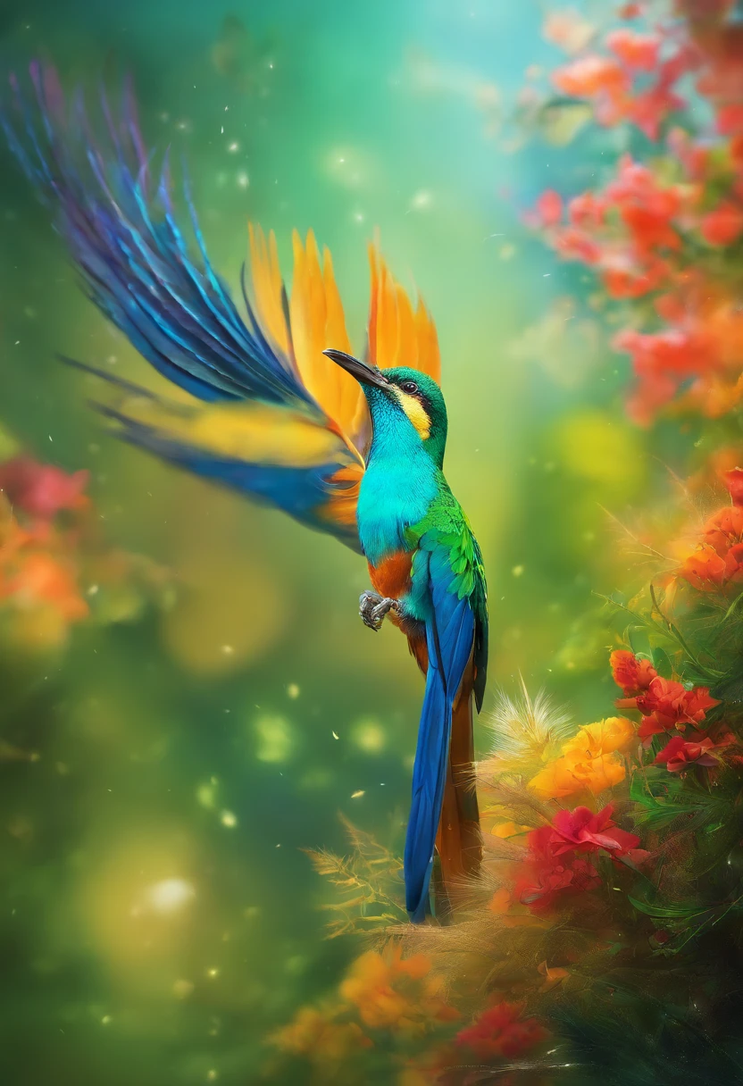 (best quality,4k,8k,alto,master part:1.2),ultra-detalhado,(Realistic,fotorrealista,photo-realistic:1.37),vivid colors,clear lighting,Bird of Paradise, bird, passarinho, Ave, penas coloridas,beleza deslumbrante,muitas cores,detalhes requintados,habitat natural,plumagem colorida,lindamente vibrante,Surprisingly vivid,unique patterns,Artistic portrait,feather patterns that blend perfectly,translucent wings,dinamic poses,movimentos graciosos,flutuando graciosamente pelo ar,folhagem verde exuberante,flores coloridas em flor,scenic background,Atmosfera harmoniosa,ambiente sereno,A charming spectacle,mesmerizing vision,breathtaking images,beleza inspiradora,Obra-prima transcendente,Artistic interpretation of nature.