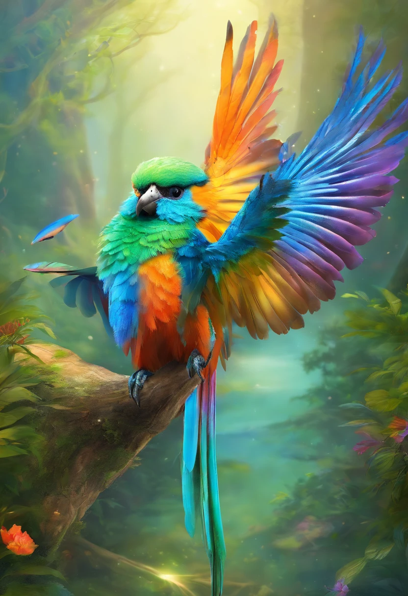 (best quality,4k,8k,alto,master part:1.2),ultra-detalhado,(Realistic,fotorrealista,photo-realistic:1.37),vivid colors,clear lighting,Bird of Paradise, bird, passarinho, Ave, penas coloridas,beleza deslumbrante,muitas cores,detalhes requintados,habitat natural,plumagem colorida,lindamente vibrante,Surprisingly vivid,unique patterns,Artistic portrait,feather patterns that blend perfectly,translucent wings,dinamic poses,movimentos graciosos,flutuando graciosamente pelo ar,folhagem verde exuberante,flores coloridas em flor,scenic background,Atmosfera harmoniosa,ambiente sereno,A charming spectacle,mesmerizing vision,breathtaking images,beleza inspiradora,Obra-prima transcendente,Artistic interpretation of nature.