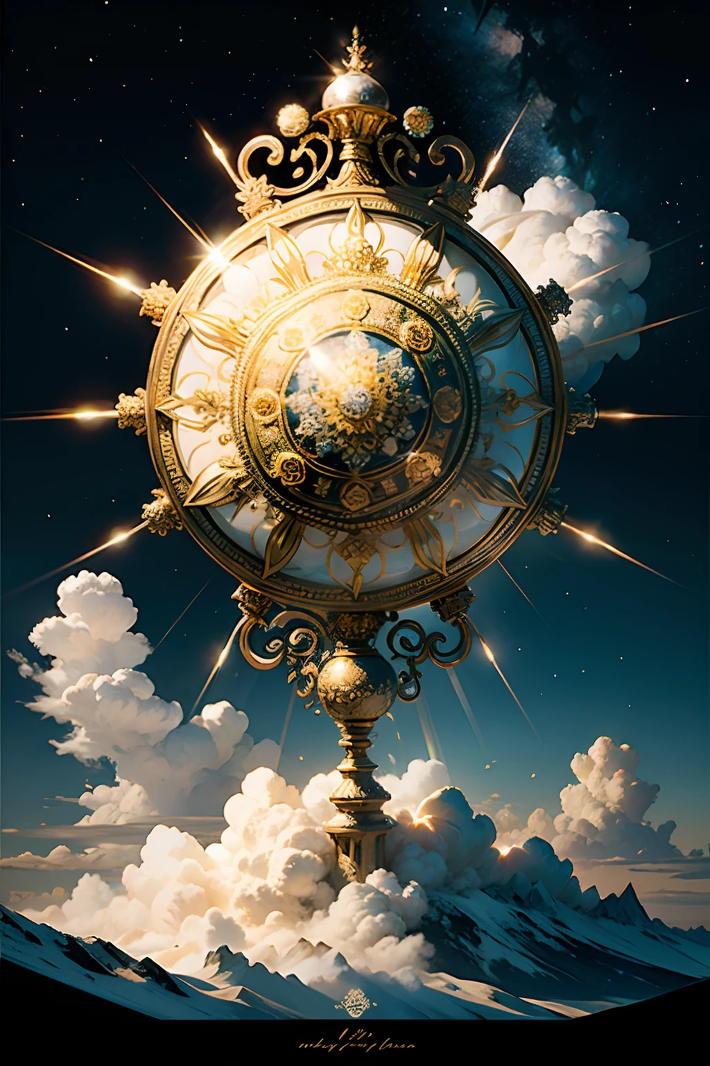 A round ornamental mandala made of light rays from heaven, surrounded by puffy white clouds.