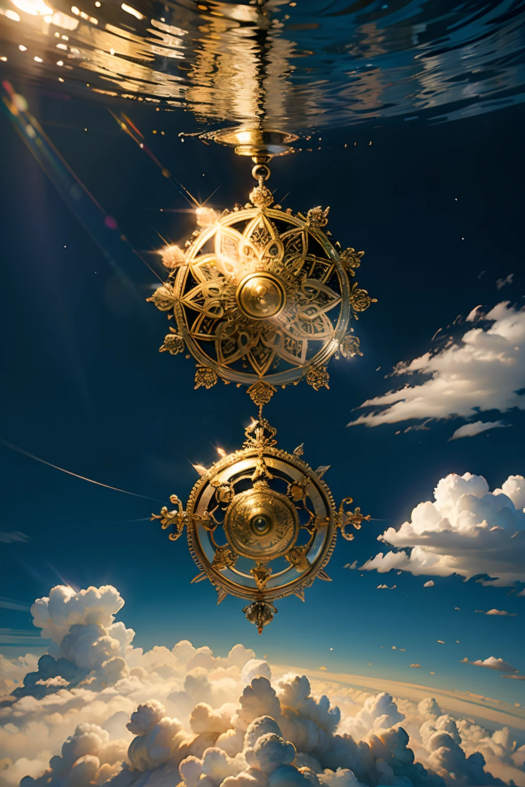 A round ornamental mandala made of light rays from heaven, surrounded by puffy white clouds.