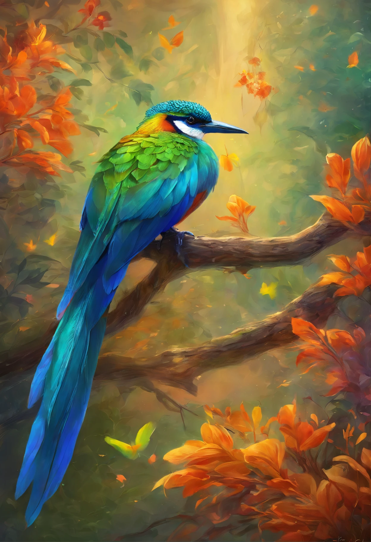 (best quality,4k,8k,alto,master part:1.2),ultra-detalhado,(Realistic,fotorrealista,photo-realistic:1.37),vivid colors,clear lighting,Bird of Paradise, bird, passarinho, Ave, penas coloridas,beleza deslumbrante,muitas cores,detalhes requintados,habitat natural,plumagem colorida,lindamente vibrante,Surprisingly vivid,unique patterns,Artistic portrait,feather patterns that blend perfectly,translucent wings,dinamic poses,movimentos graciosos,flutuando graciosamente pelo ar,folhagem verde exuberante,flores coloridas em flor,scenic background,Atmosfera harmoniosa,ambiente sereno,A charming spectacle,mesmerizing vision,breathtaking images,beleza inspiradora,Obra-prima transcendente,Artistic interpretation of nature.