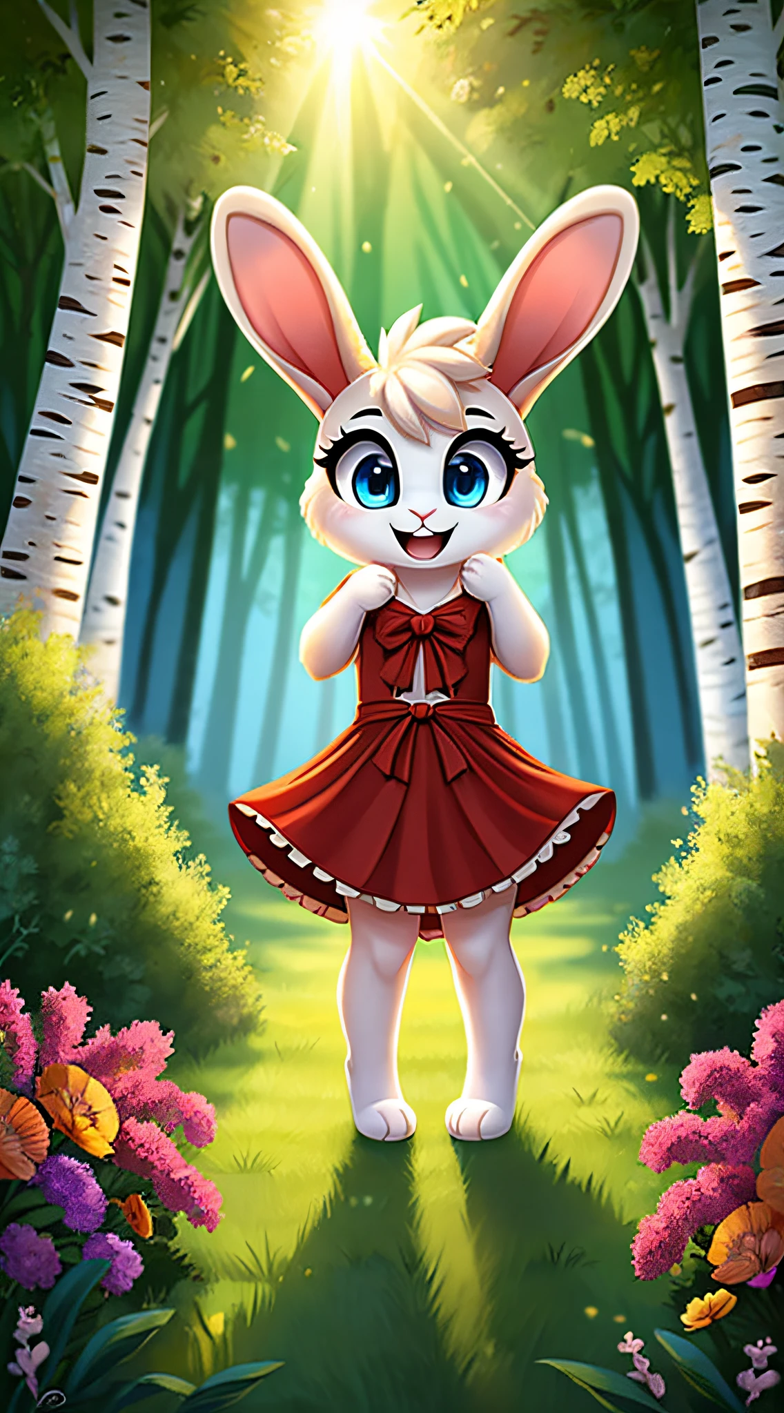 zoomed out image, fantasy style art, cute, adorable, short character, small, tiny little fluffy female white bunny with blue eyes, 4 ears, 2 extra ears, big floppy ears, long ears, ears perked up, raised ears, long eyelashes, poofy rabbit tail, wearing a red frilly ribbon dress, smiling, standing in a forest with many birch trees, big expressive smile, open mouth, wide eyes, excited eyes, excited face, stunning visuals, sunlight coming through the trees, flowers scattered in the bushes, digital illustration