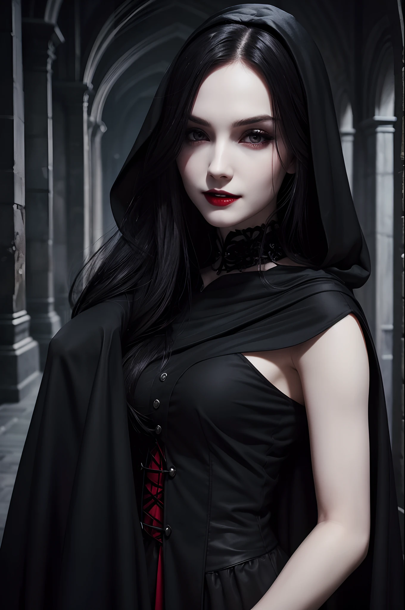 handsome girl , A vampire in black clothes and a black cloak, White long hair, pale skin, red hungry eyes, Slender figure, tender sexy, predatory smile, the night, The Dark Crypt, Sharp fangs