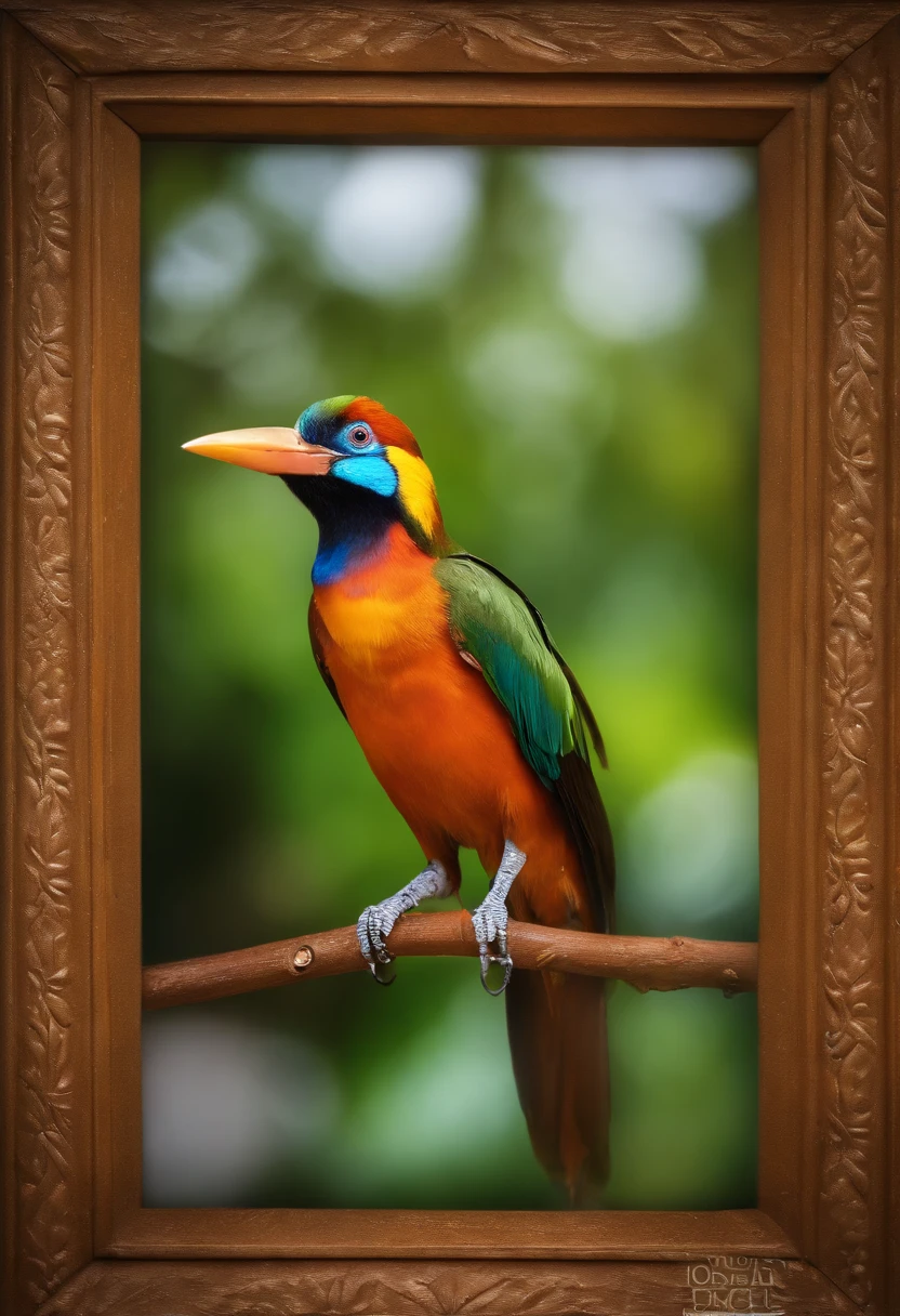 (best quality,4k,8k,alto,master part:1.2),ultra-detalhado,(Realistic,fotorrealista,photo-realistic:1.37),vivid colors,clear lighting,Bird of Paradise, bird, passarinho, Ave, penas coloridas,beleza deslumbrante,muitas cores,detalhes requintados,habitat natural,plumagem colorida,lindamente vibrante,Surprisingly vivid,unique patterns,Artistic portrait,feather patterns that blend perfectly,translucent wings,dinamic poses,movimentos graciosos,flutuando graciosamente pelo ar,folhagem verde exuberante,flores coloridas em flor,scenic background,Atmosfera harmoniosa,ambiente sereno,A charming spectacle,mesmerizing vision,breathtaking images,beleza inspiradora,Obra-prima transcendente,Artistic interpretation of nature.