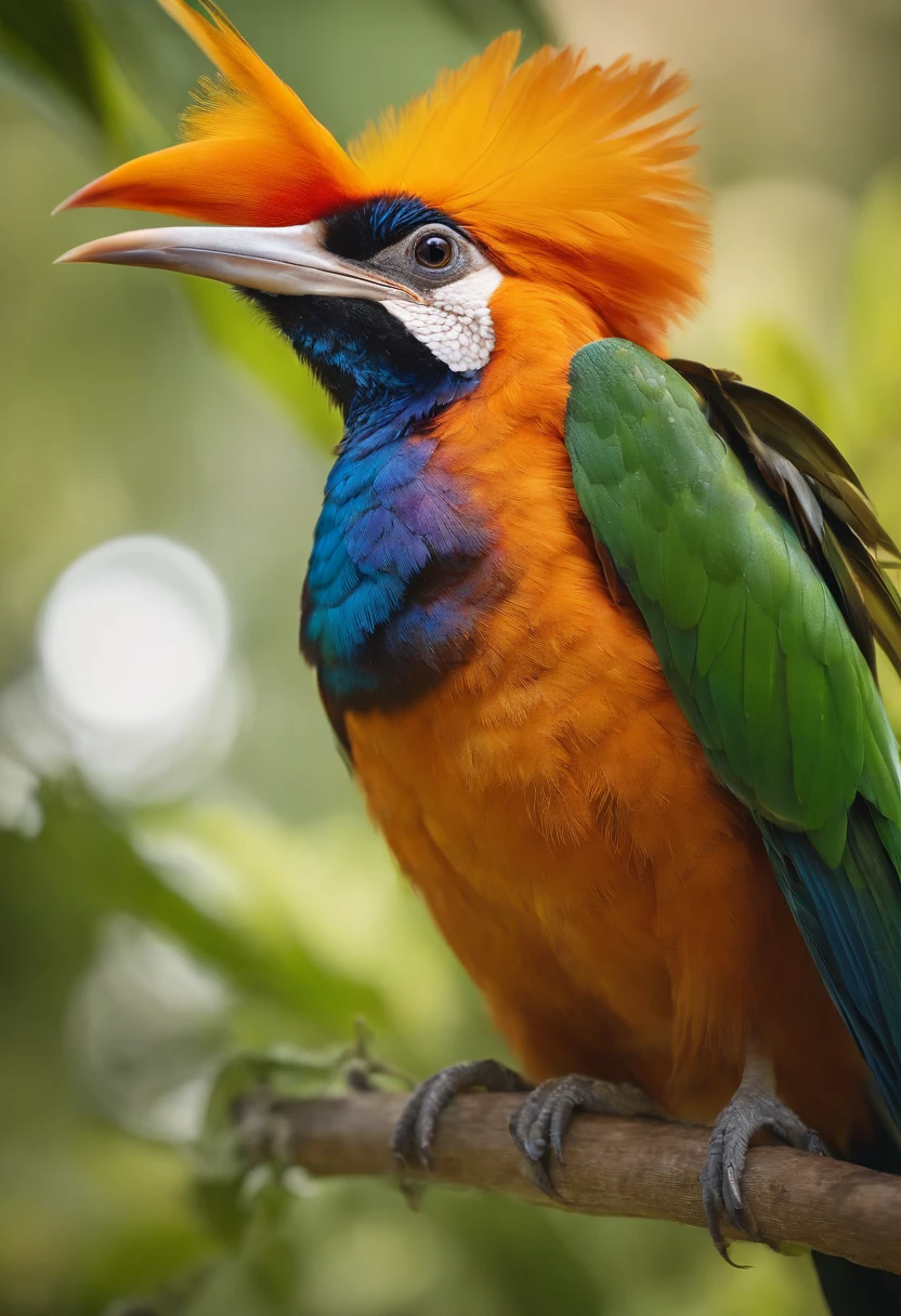 (best quality,4k,8k,alto,master part:1.2),ultra-detalhado,(Realistic,fotorrealista,photo-realistic:1.37),vivid colors,clear lighting,Bird of Paradise, bird, passarinho, Ave, penas coloridas,beleza deslumbrante,muitas cores,detalhes requintados,habitat natural,plumagem colorida,lindamente vibrante,Surprisingly vivid,unique patterns,Artistic portrait,feather patterns that blend perfectly,translucent wings,dinamic poses,movimentos graciosos,flutuando graciosamente pelo ar,folhagem verde exuberante,flores coloridas em flor,scenic background,Atmosfera harmoniosa,ambiente sereno,A charming spectacle,mesmerizing vision,breathtaking images,beleza inspiradora,Obra-prima transcendente,Artistic interpretation of nature.
