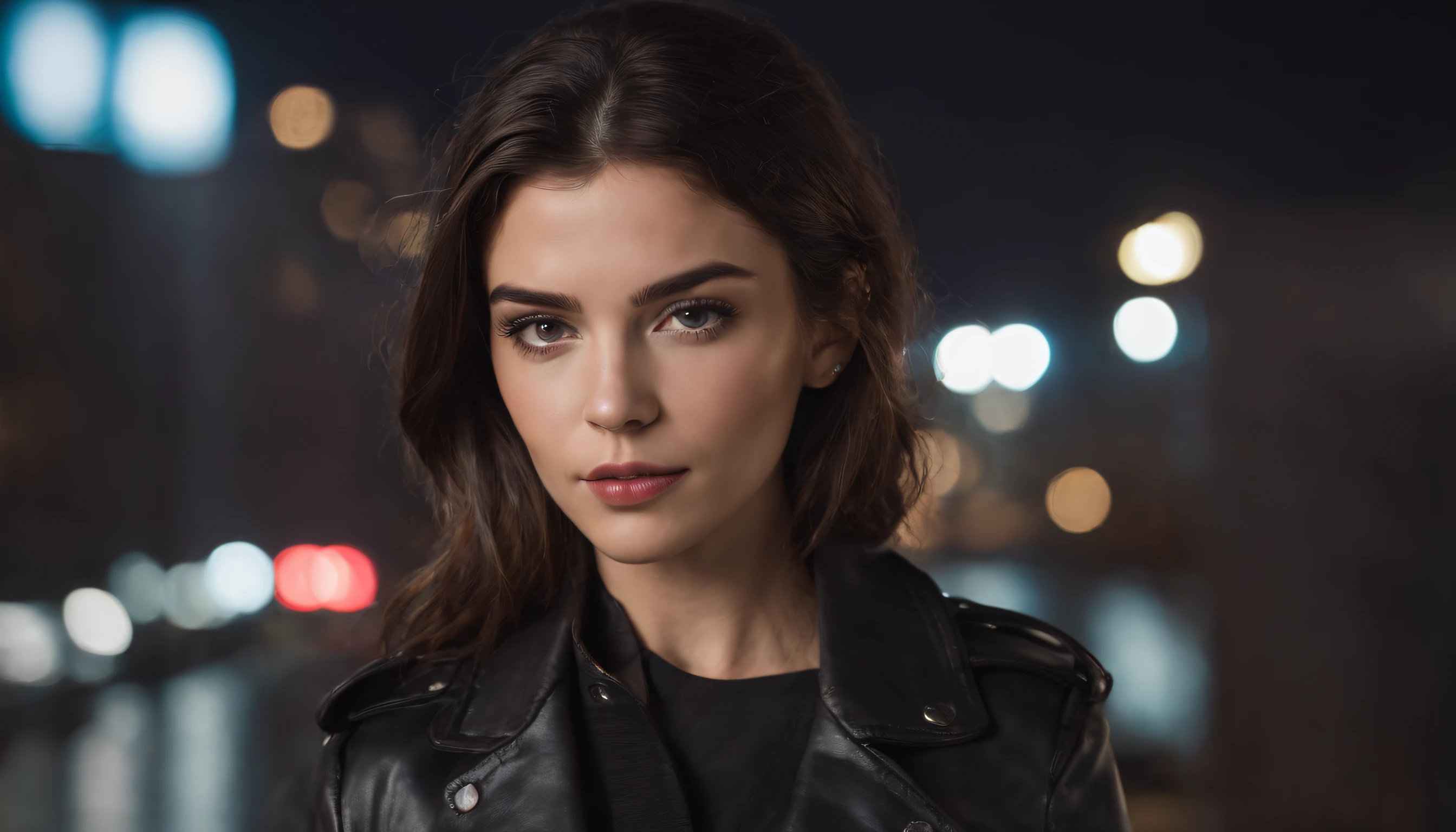 Retrato de natlp como um modelo feminino bonito, Georgia Fowler, beautiful face, com cabelos castanhos escuros curtos, in cyberpunk city at night. She is wearing a leather jacket, black jeans, dramatic lighting, (police badge:1.2)