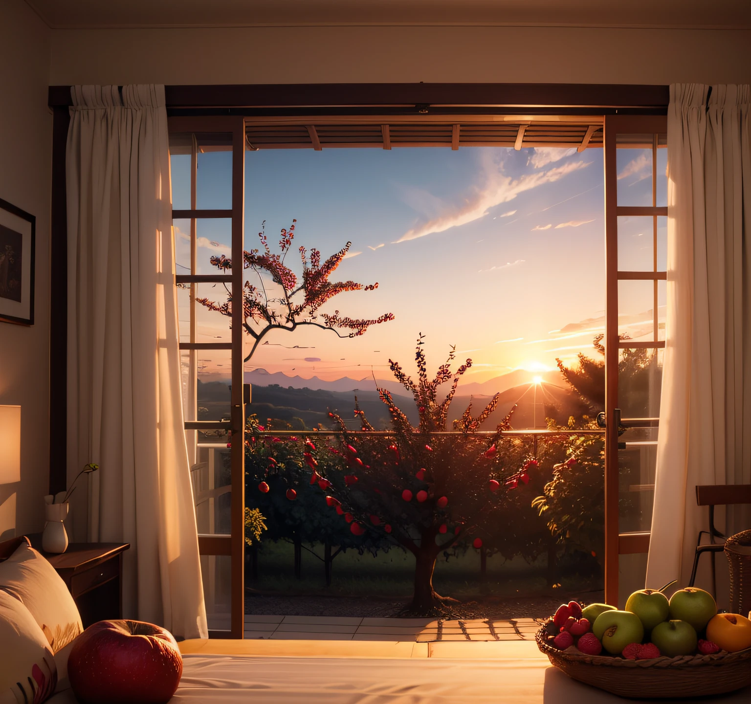 Sunset with fruit-laden fruit trees