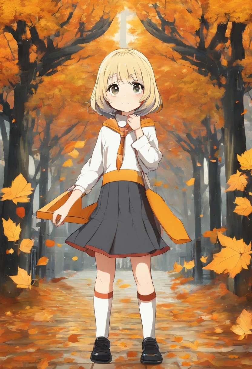 A 10-year-old girl, blonde yellow short hair, a vortex on the top of the head in the form of two leaves, gray eyes,, dark brown sweater over shirt, plaid skirt, white stockings, black shoes, The book is in your hands, cuteface, embarrassment on the cheeks, Opposite the gates of the elementary school, Briefcase on the back, Autumn landscape