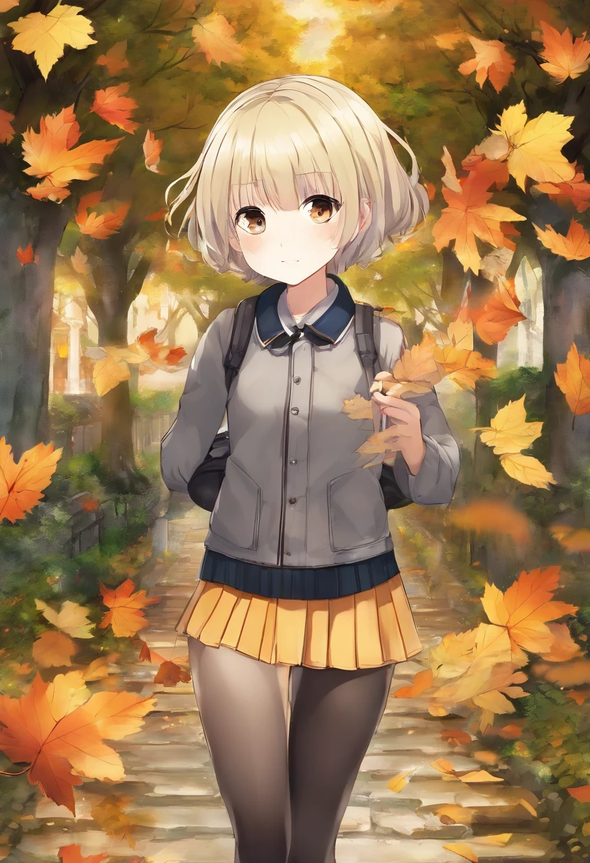A 10-year-old girl, blonde yellow short hair, a vortex on the top of the head in the form of two leaves, gray eyes,, dark brown sweater over shirt, plaid skirt, white stockings, black shoes, The book is in your hands, cuteface, embarrassment on the cheeks, Opposite the gates of the elementary school, Briefcase on the back, Autumn landscape