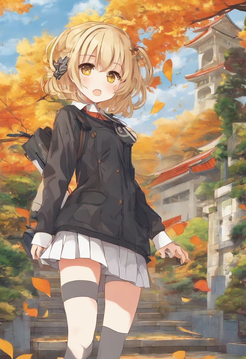 A -yeld gi blonde yellow short hair, a vortex on the top of the head in the form of two leaves, gray eyes,, dark brown sweater over shirt, plaid skirt, white stockings, black shoes, The book is in your hands, cuteface, embarrassment on the cheeks, Opposite the gates of the elementarse on the back, Autumn landscape