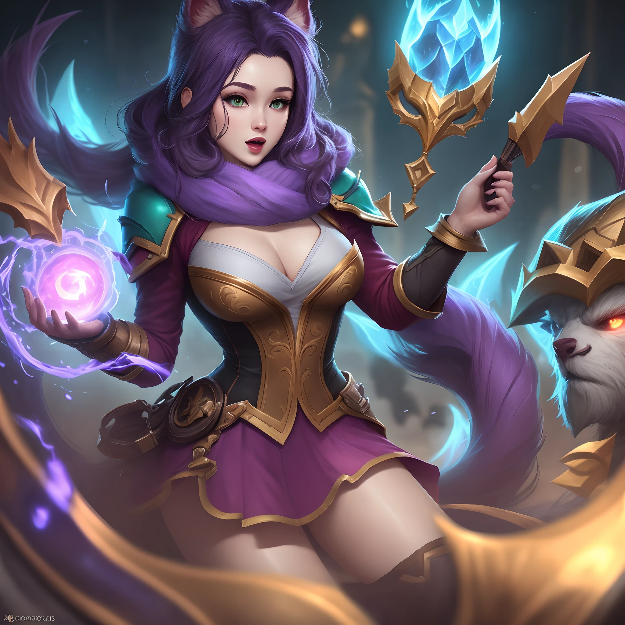 a woman with a purple ball in her hand in a dark forest, league of legends concept art, riot games concept art, seraphine ahri kda, league of legends character art, ahri, league of legends splash art, league of legends arcane, leblanc, portrait of ahri, splash art, from league of legends, league of legends character