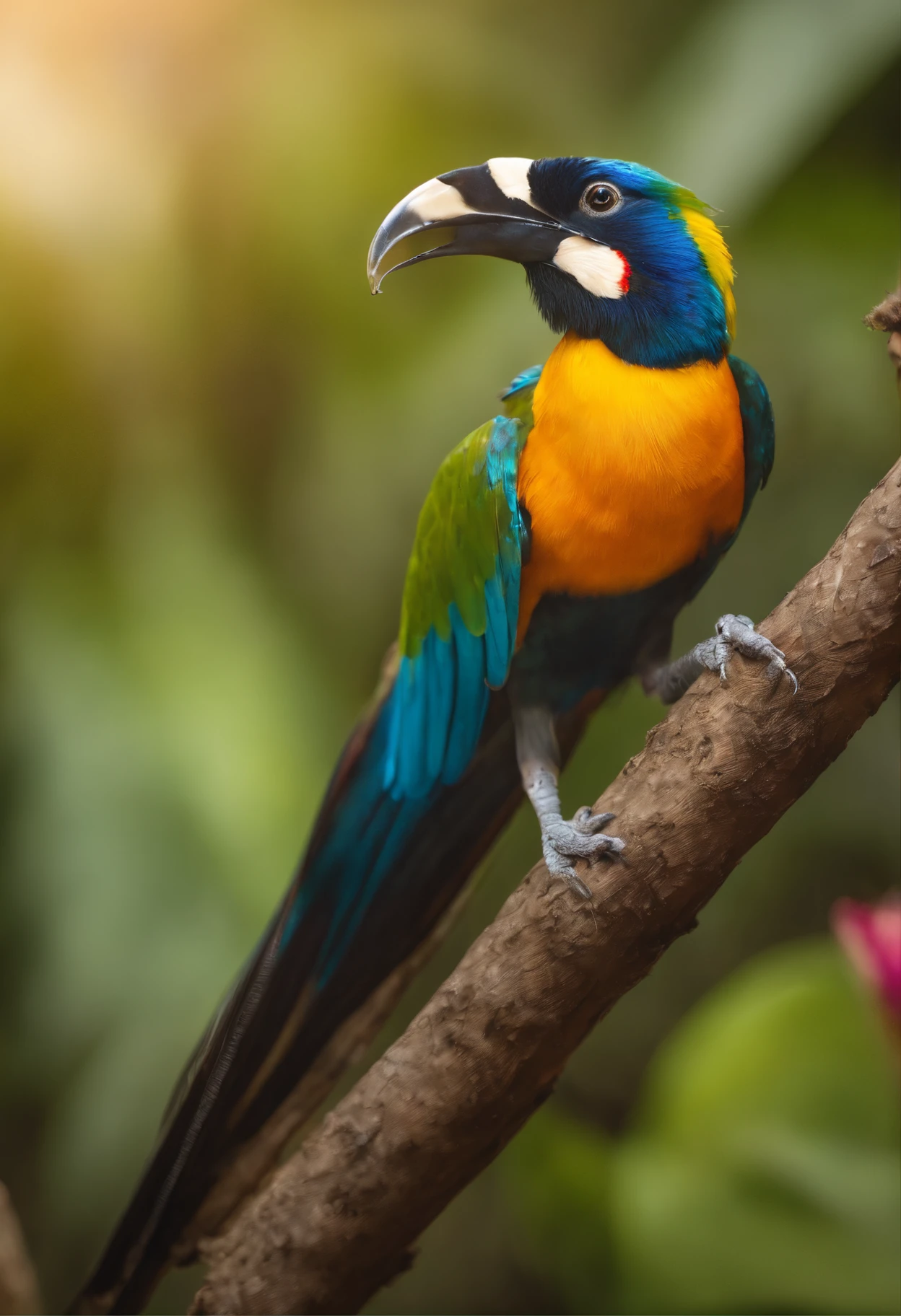 (best quality,4k,8k,alto,master part:1.2),ultra-detalhado,(Realistic,fotorrealista,photo-realistic:1.37),vivid colors,clear lighting,Bird of Paradise, bird, passarinho, Ave, penas coloridas,beleza deslumbrante,muitas cores,detalhes requintados,habitat natural,plumagem colorida,lindamente vibrante,Surprisingly vivid,unique patterns,Artistic portrait,feather patterns that blend perfectly,translucent wings,dinamic poses,movimentos graciosos,flutuando graciosamente pelo ar,folhagem verde exuberante,flores coloridas em flor,scenic background,Atmosfera harmoniosa,ambiente sereno,A charming spectacle,mesmerizing vision,breathtaking images,beleza inspiradora,Obra-prima transcendente,Artistic interpretation of nature.