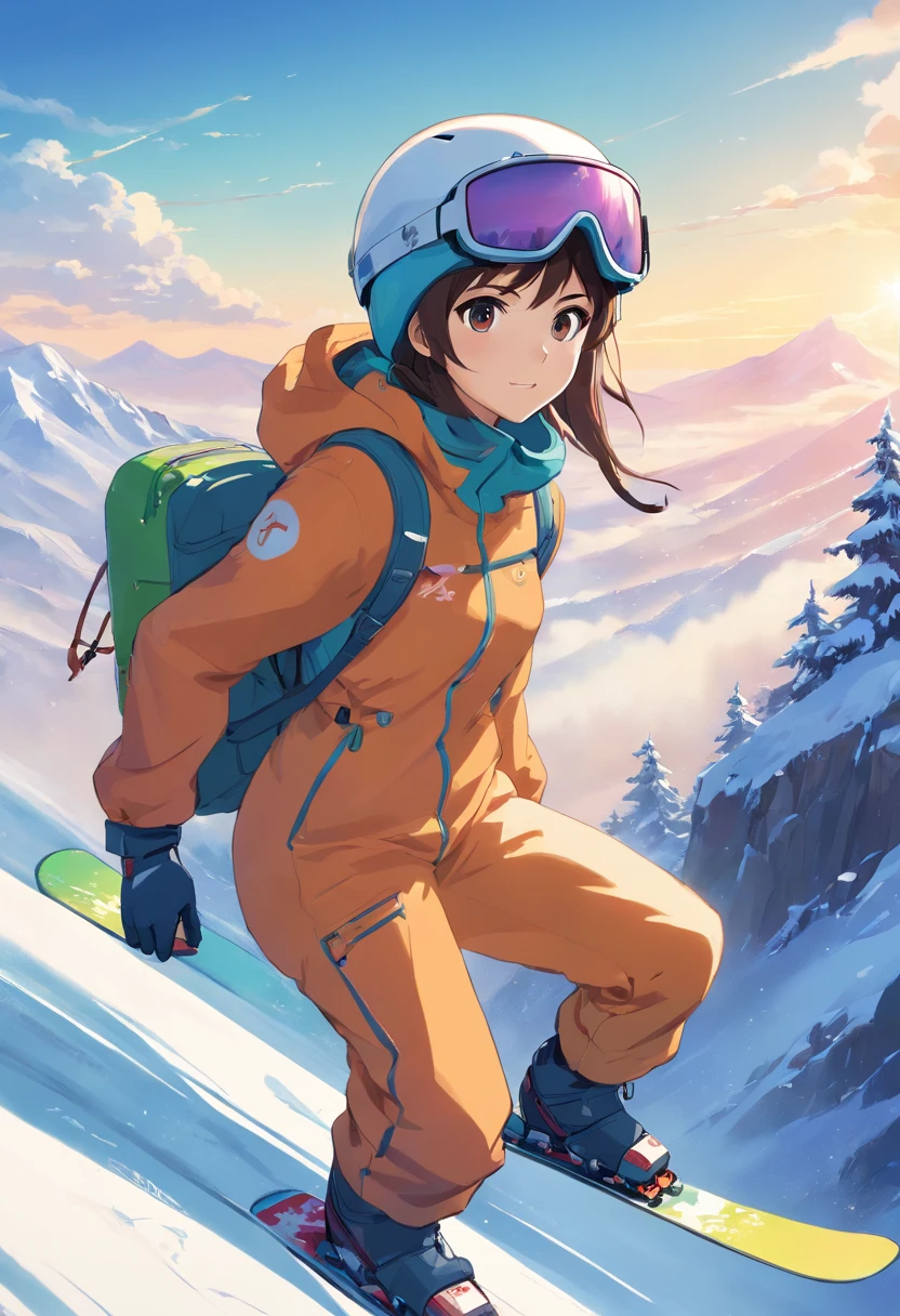 Female long-haired snowboarder in ski suit with helmet and snow goggles, Action sports, Steep, estilo de arte detalhado atraente, Old Japanese anime style,estilo de arte impressionante, stunning digital illustration, Arte conceitual de inverno, bela arte digital, papel de parede de alta qualidade, estilo de arte anime de alta qualidade, 1024px, estilo de arte conceitual