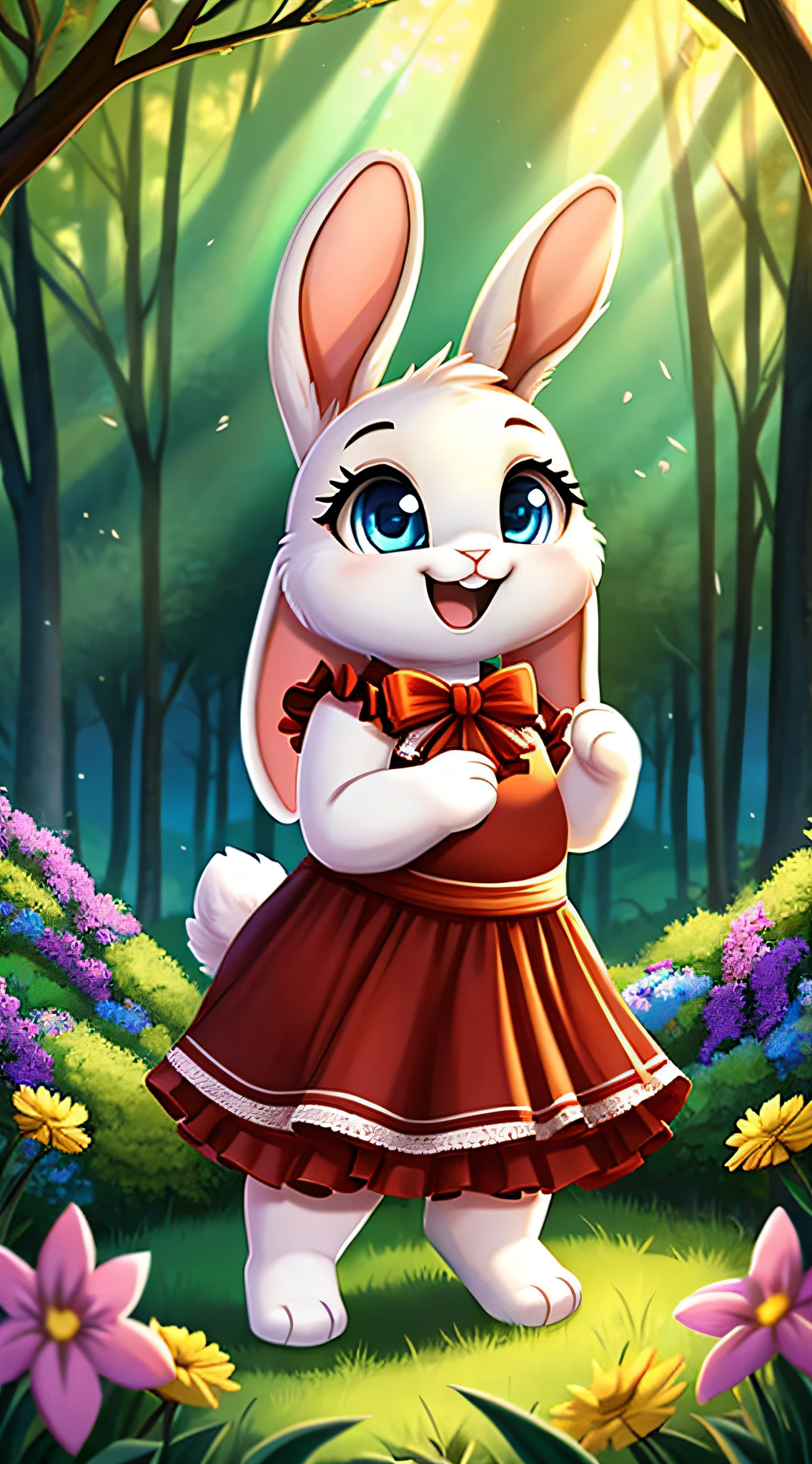 zoomed out image, fantasy style art, cute, adorable, chubby, , babyort character, small, tiny little fluffy female white bunny with blue eyes, 4 ears, 2 extra ears, big floppy ears, long ears, ears perked up, raised ears, long eyelashes, poofy rabbit tail, wearing a red frilly ribbon dress, smiling, standing in a forest, big expressive smile, open mouth, wide eyes, excited eyes, excited face, stunning visuals, sunlight coming through the trees, flowers scattered in the bushes, digital illustration