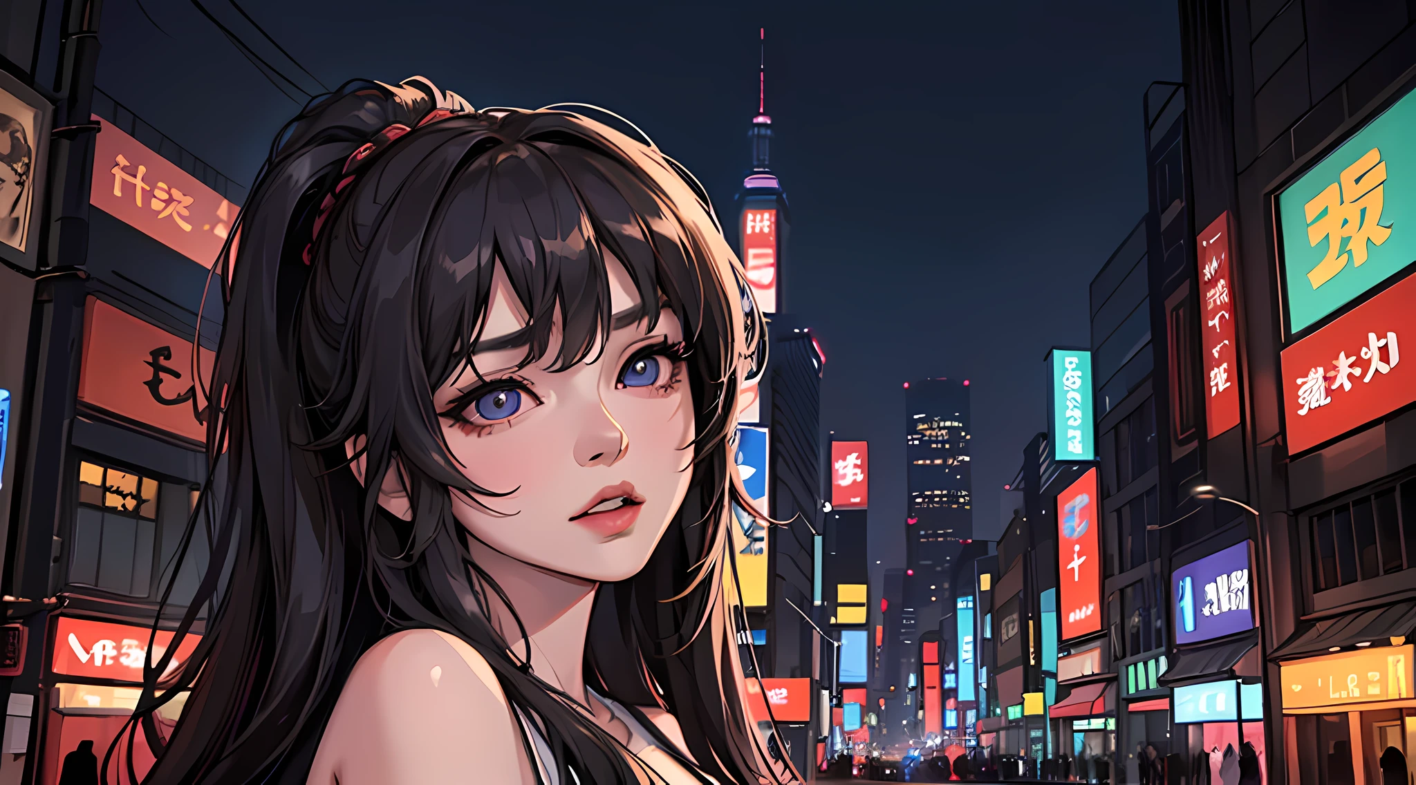 Anime girl in a city at night with neon signs - SeaArt AI